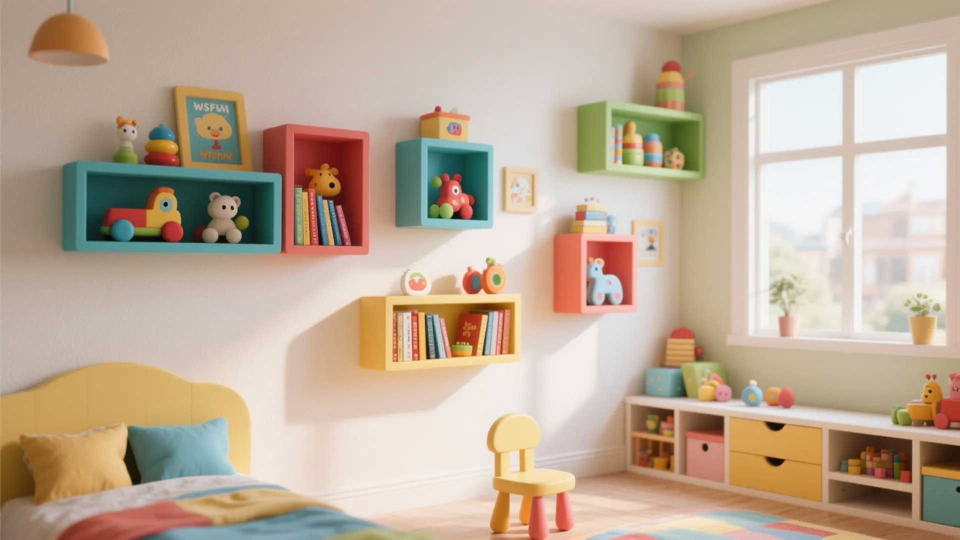 Colorful wall shelves in a kids room displaying books and toys above a small bed