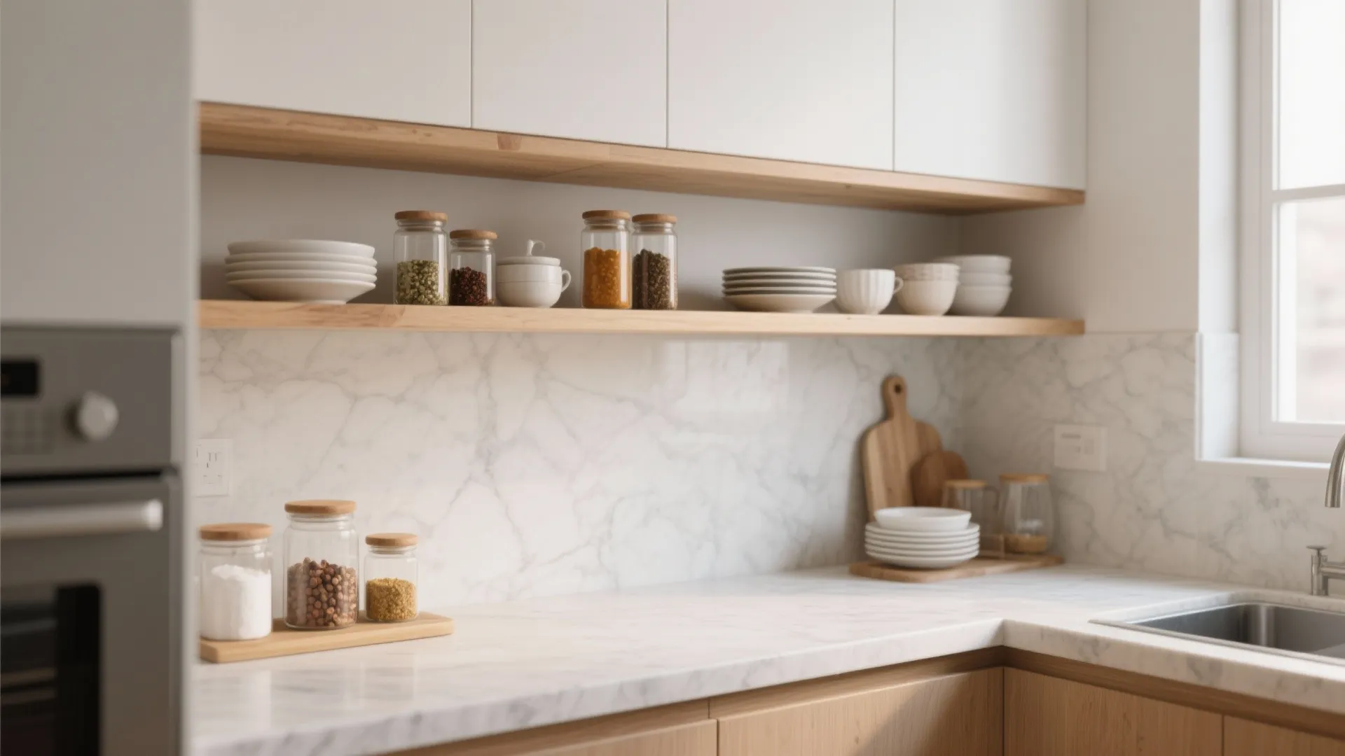 Floating shelves above a countertop displaying spices and dishes