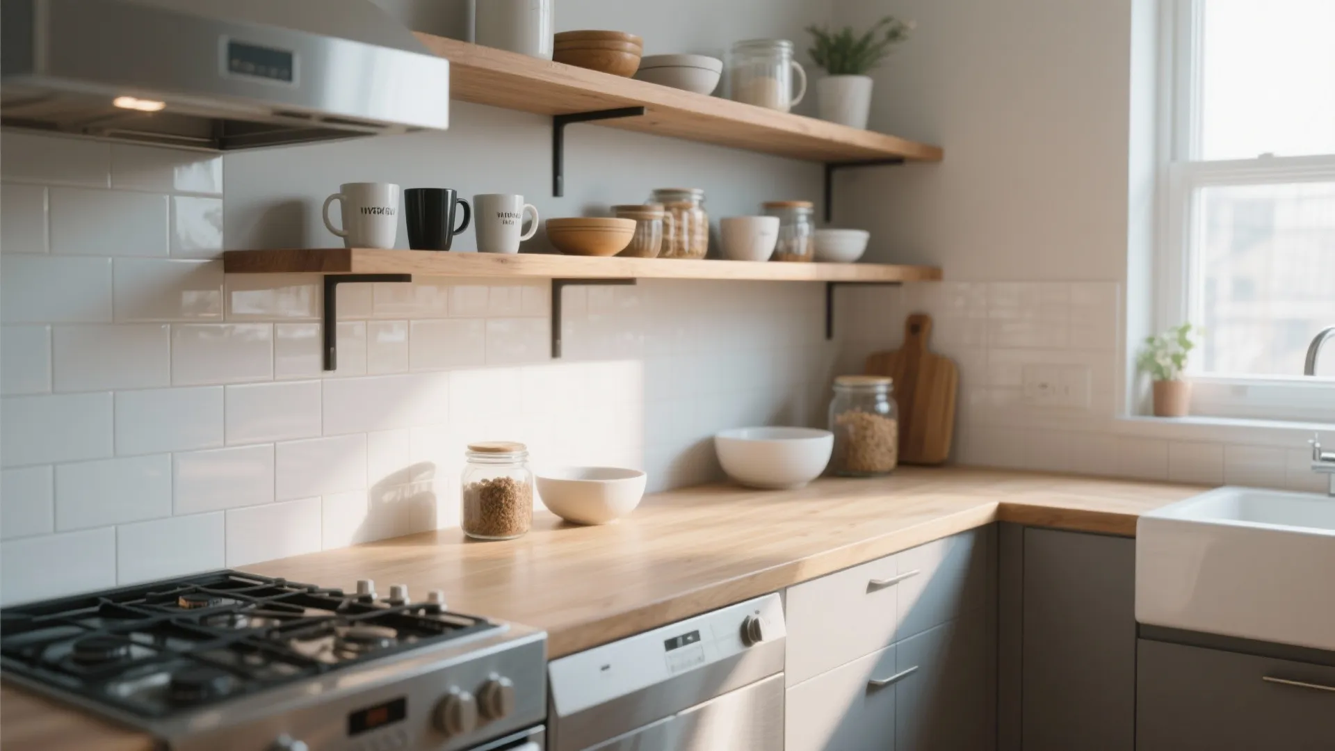 Floating wooden shelves above kitchen counter with daily-use items