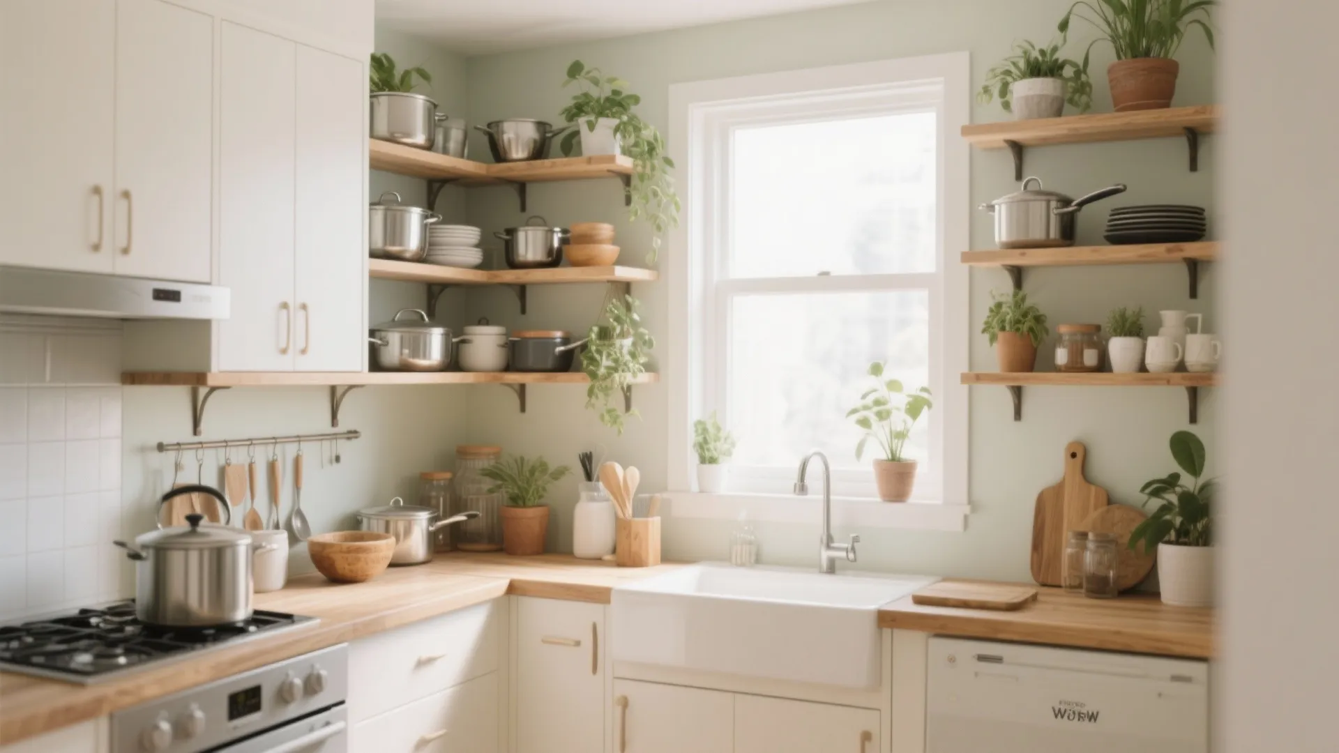 Light green kitchen featuring wooden floating shelves with pots plants sink and white cabinets design