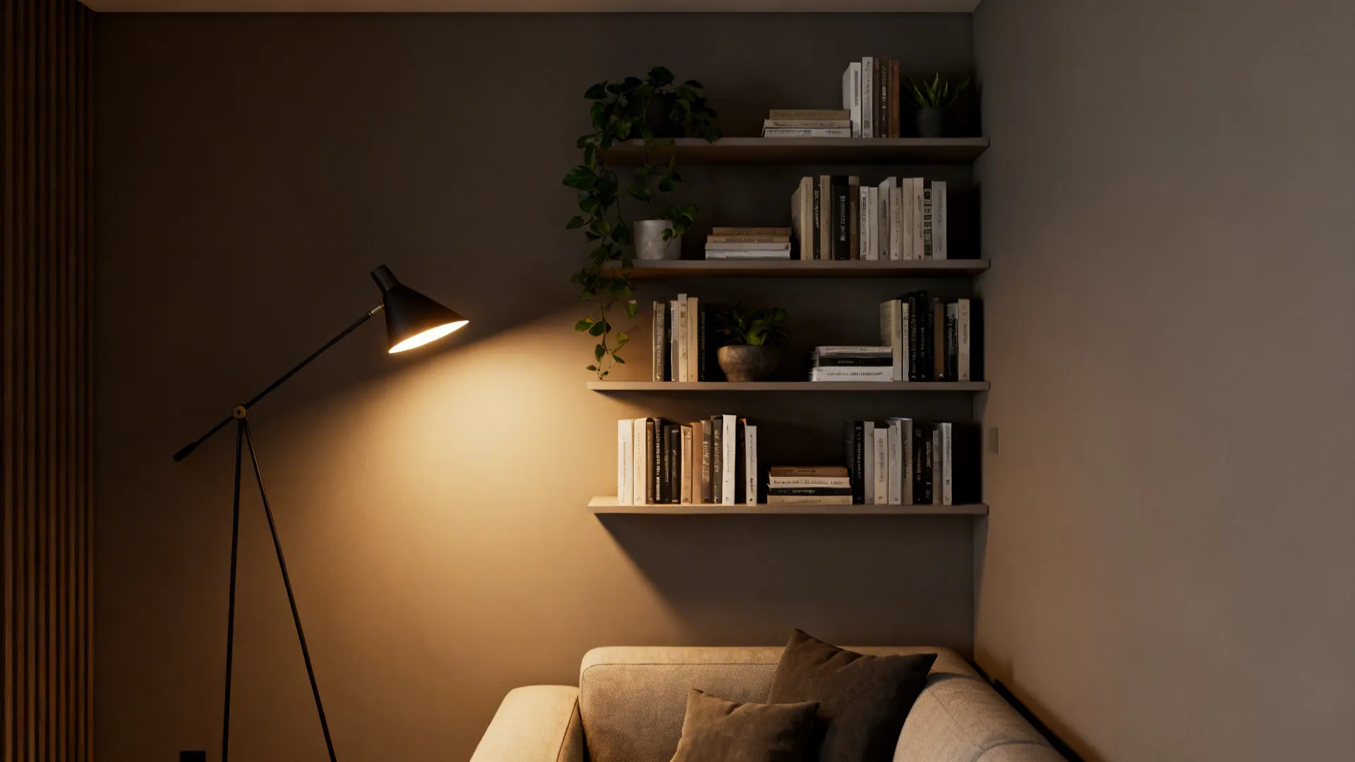 Staggered floating shelves with curated objects and a directional floor lamp in a living room corner.