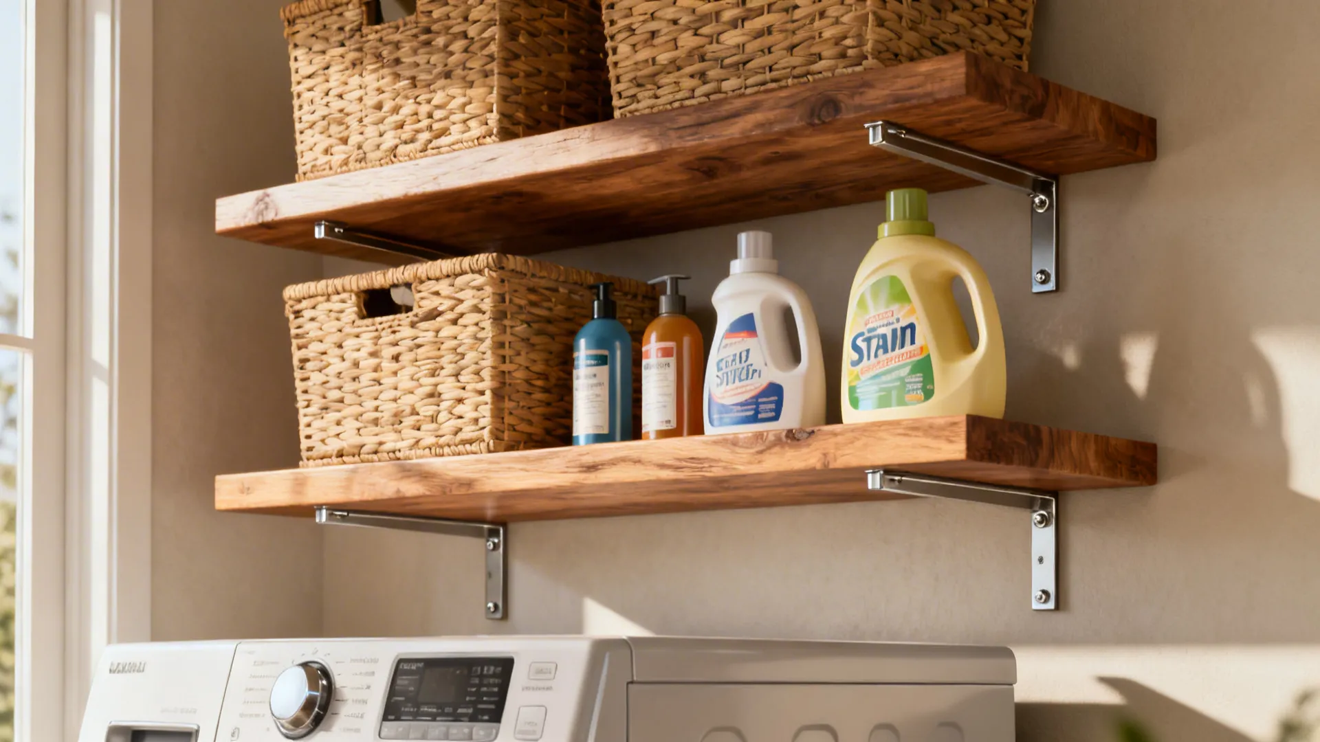 Floating wooden shelves above a washer holding baskets and detergents, showing secure mounting and depth