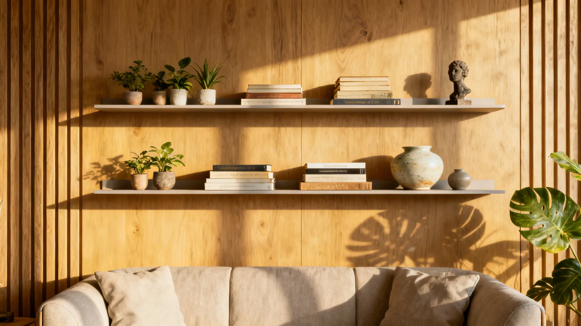 Two slim floating shelves above a sofa with plants, books and ceramics arranged for a layered look