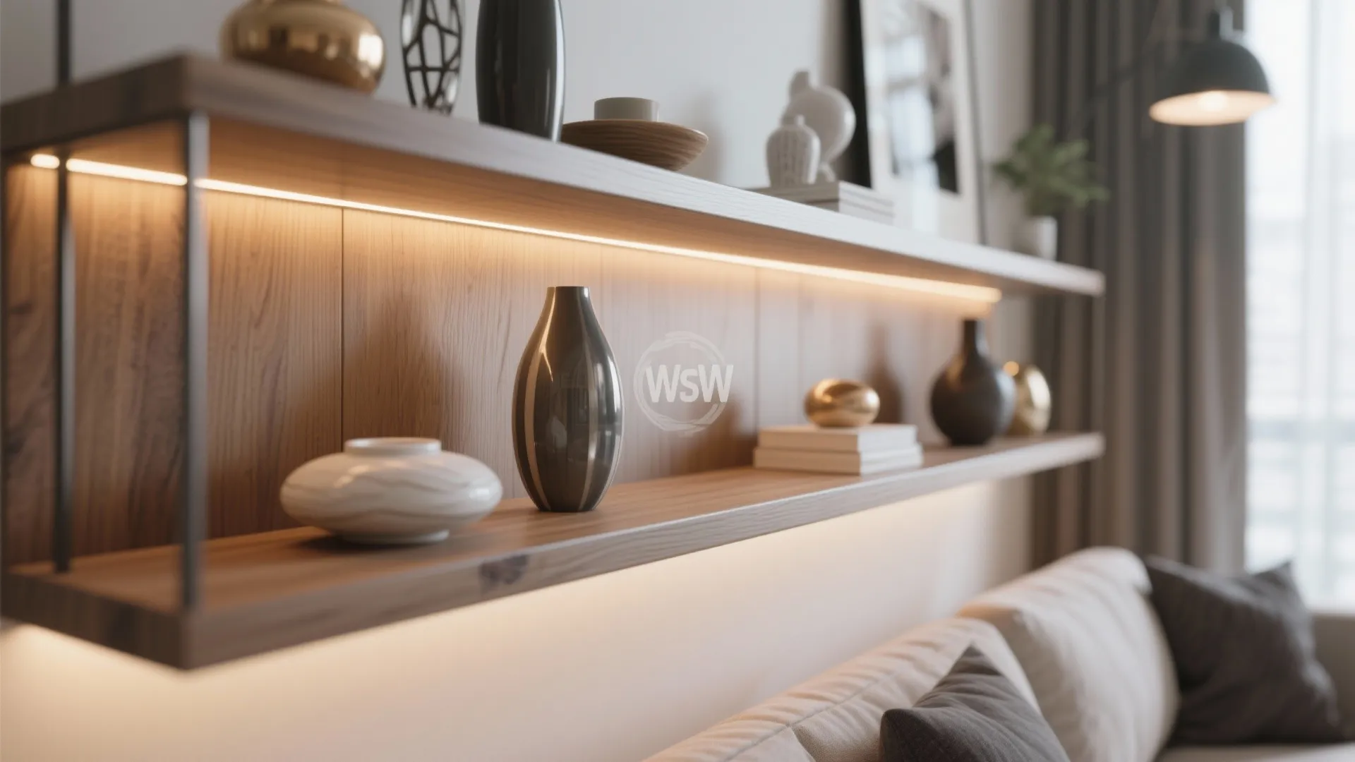 Wooden floating shelves with hidden lights displaying vases and decor above a soft grey sofa