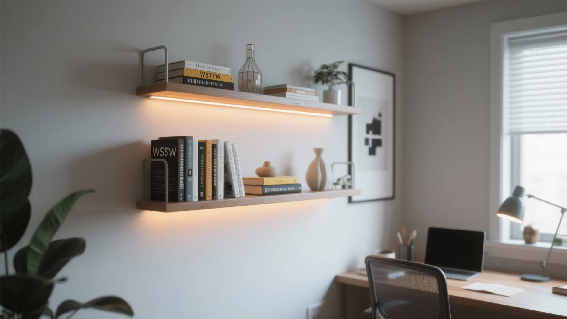 8. Floating shelves with integrated lighting