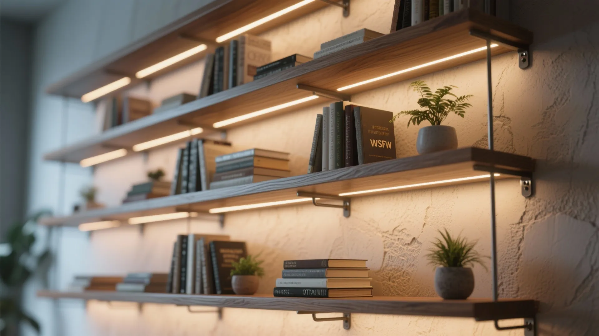 3. Floating Shelves with Layered Lighting