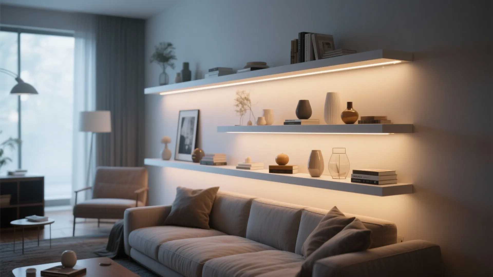 Shallow floating shelves with integrated LED linear lights creating an illuminated display