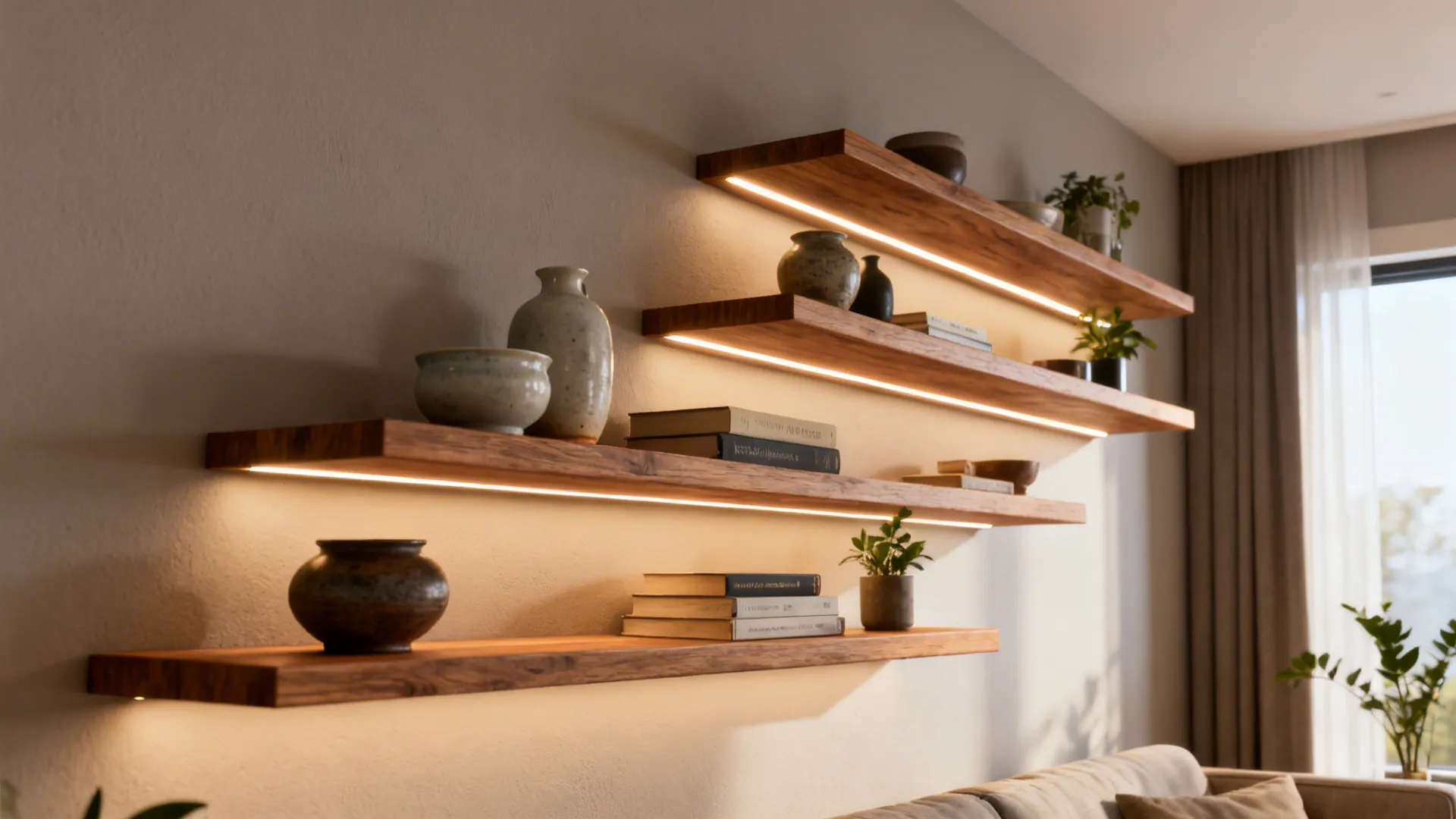 1. Floating shelves with layered lighting