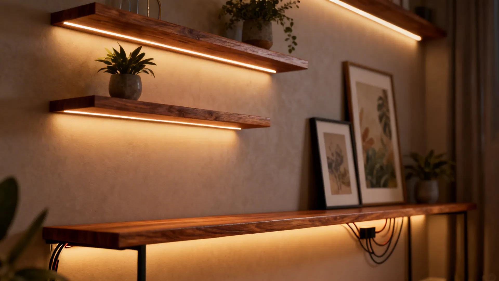 Floating wooden wall shelves with warm light strips holding small green plants and picture frames