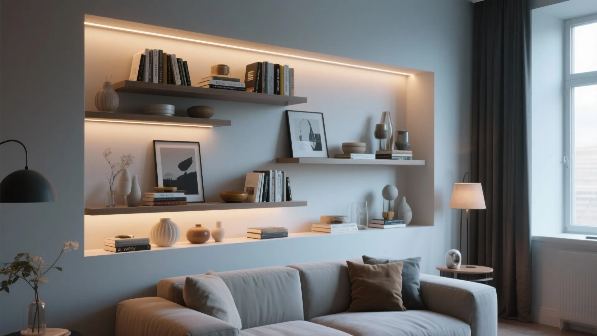 7. Floating Shelves with Integrated Lighting