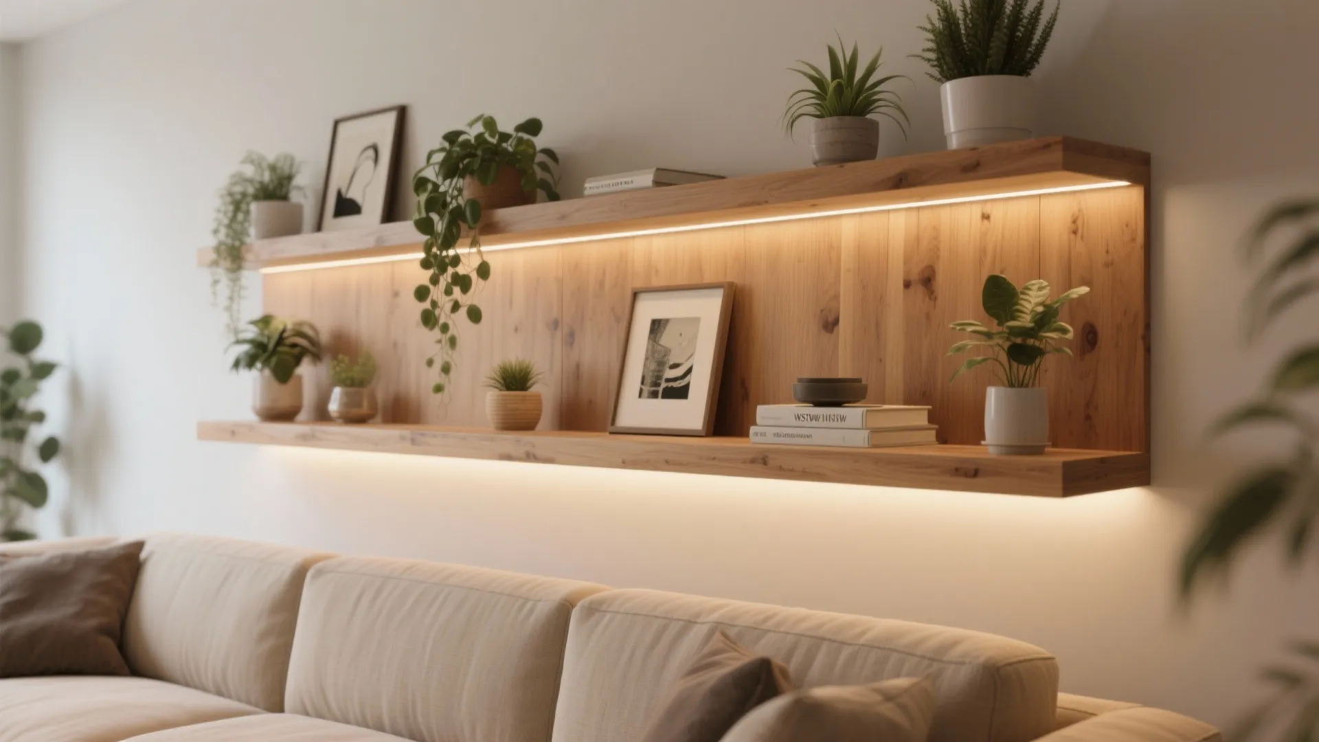 Floating shelves with accent lighting