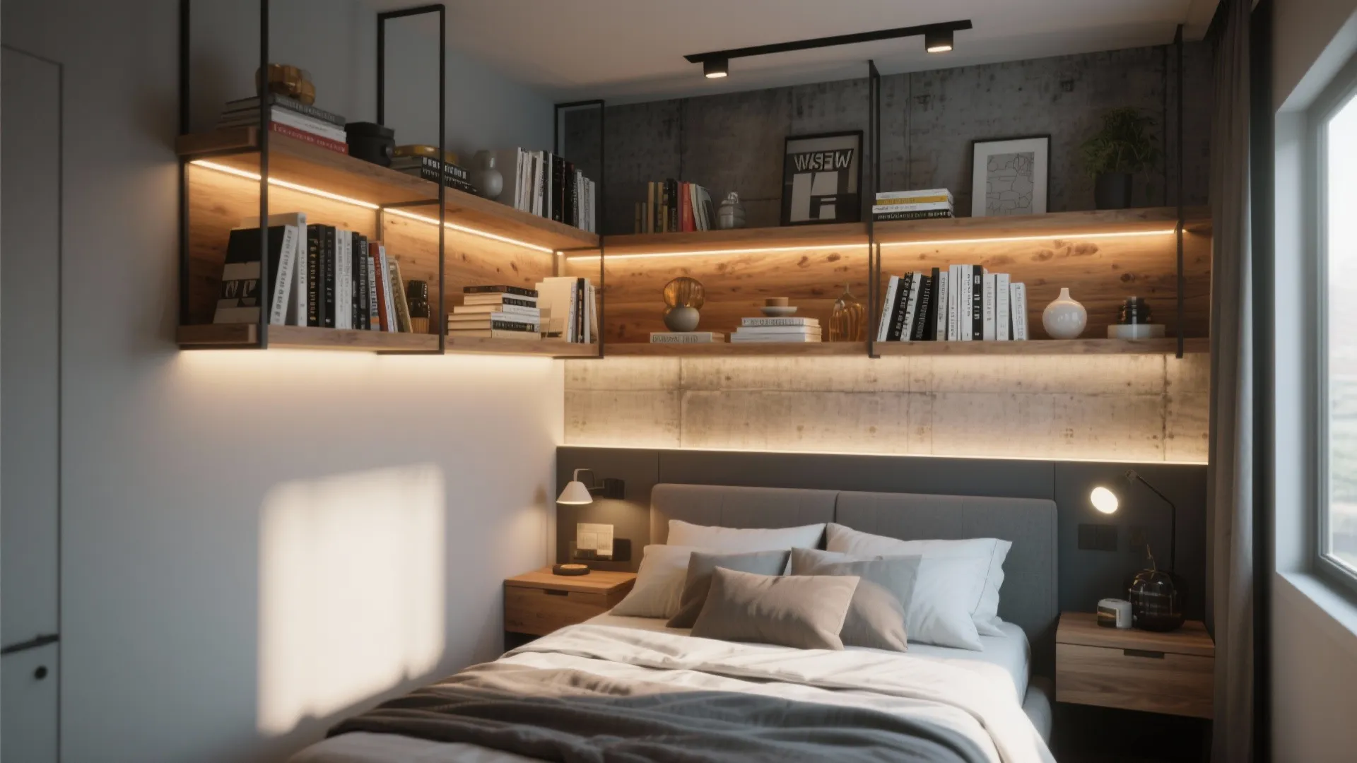 3. Wall-mounted Shelving with Accent Lighting