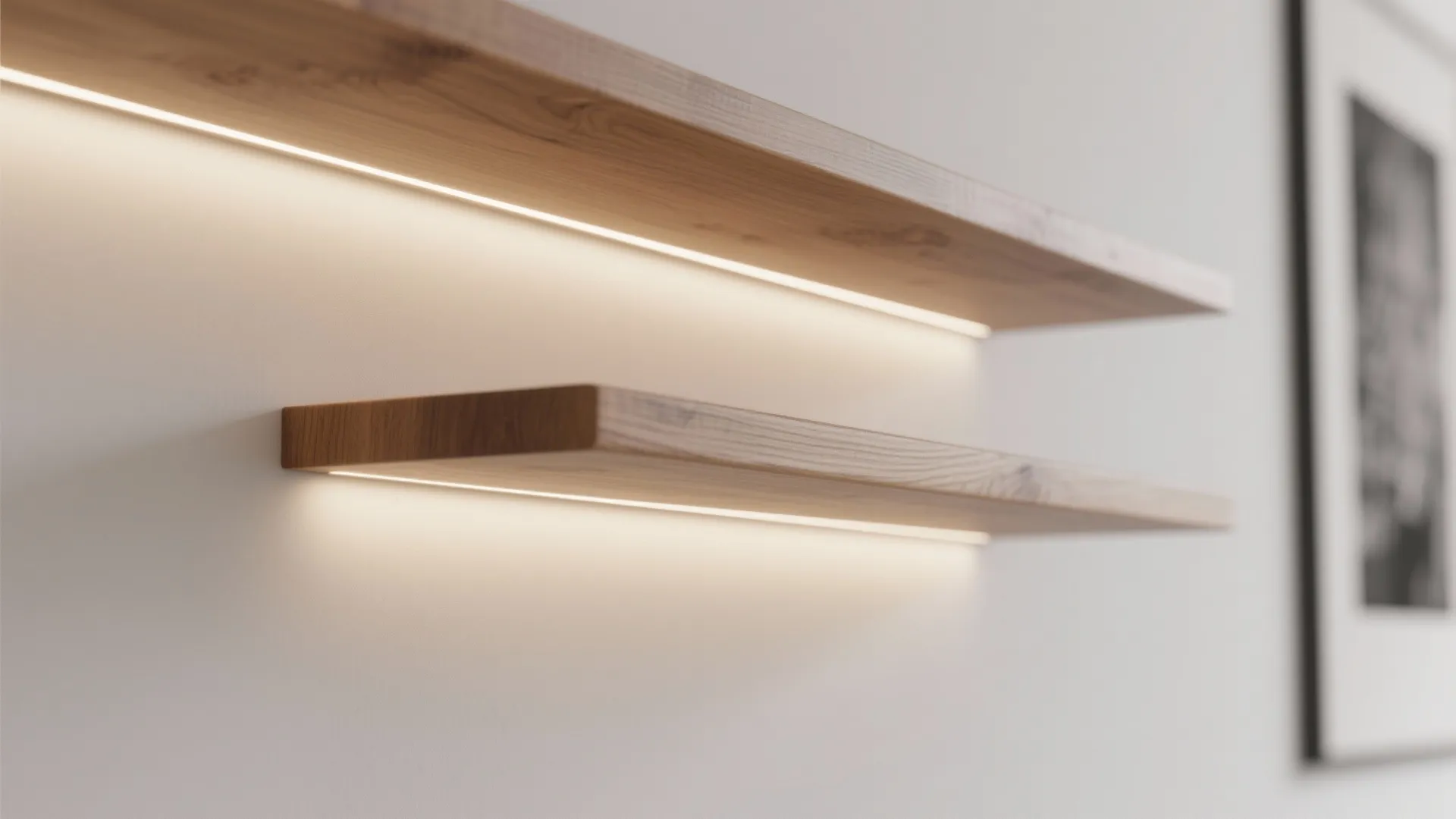 Two wooden floating shelves with built in light fixture strips mounted on a white wall