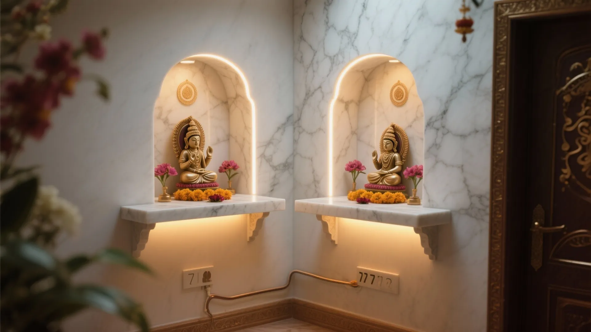 Floating white marble shelves with warm LED backlighting in a compact pooja corner.
