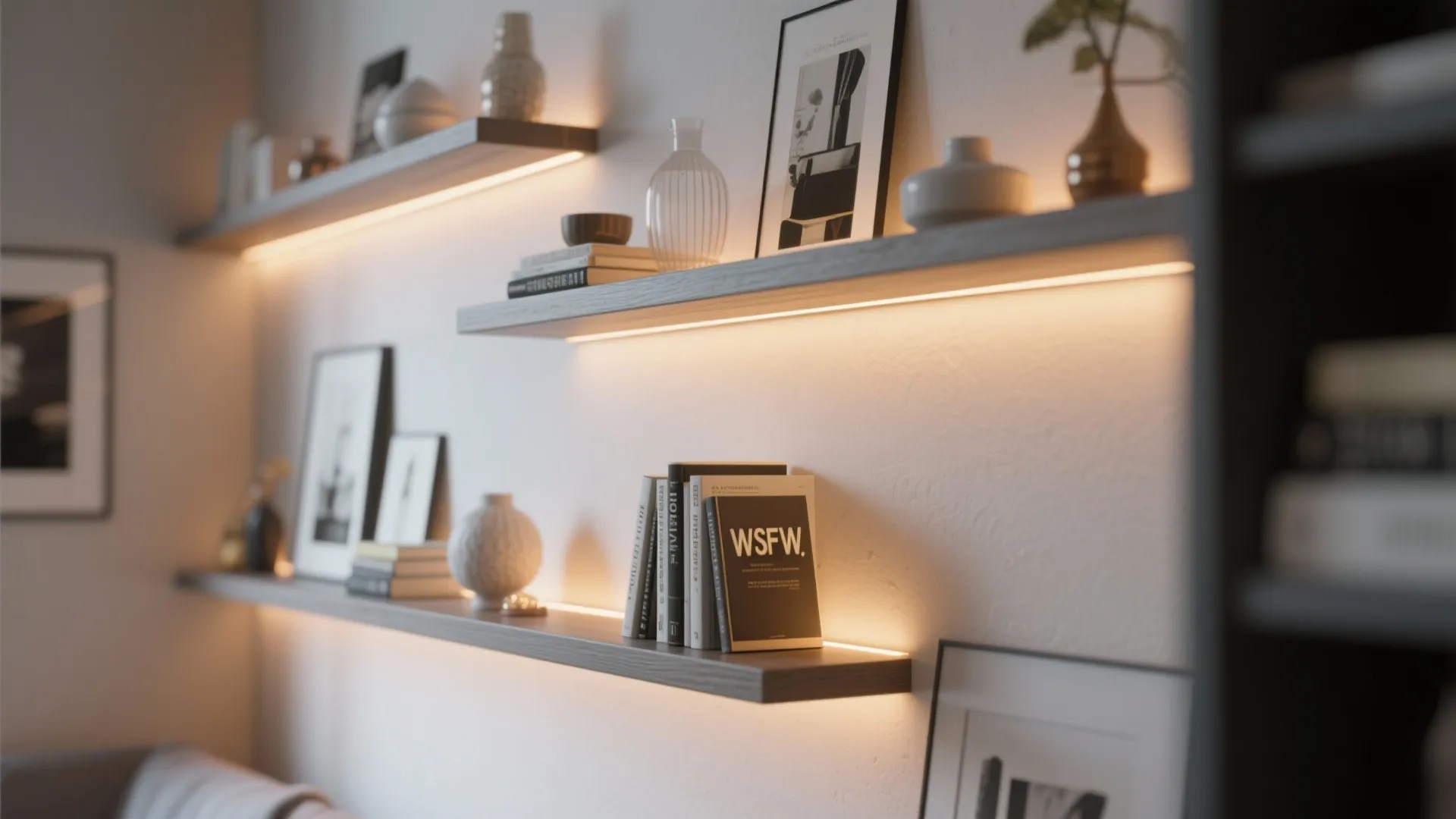 1. Floating Shelves with Integrated Lighting