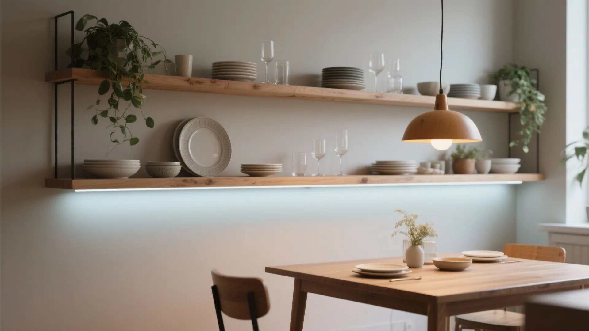 3. Floating shelves and layered lighting