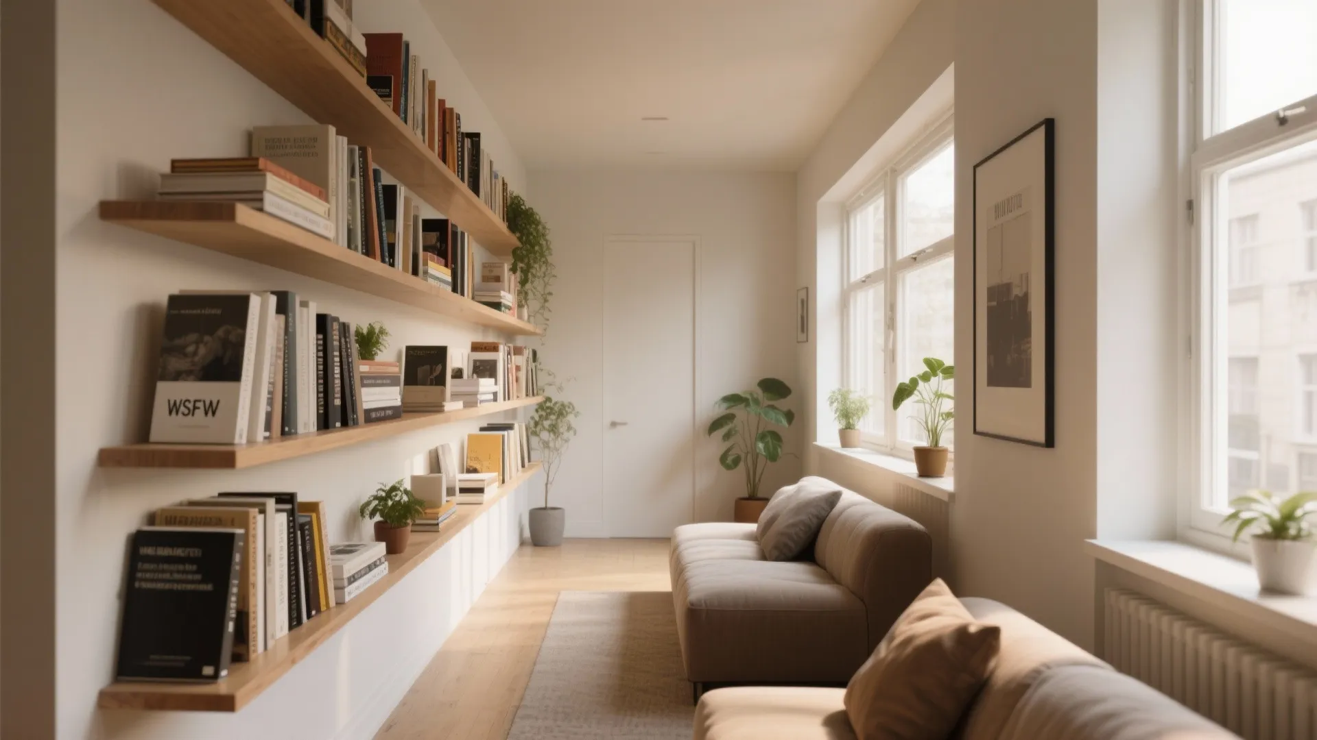 4. Floating shelves to draw the eye upward