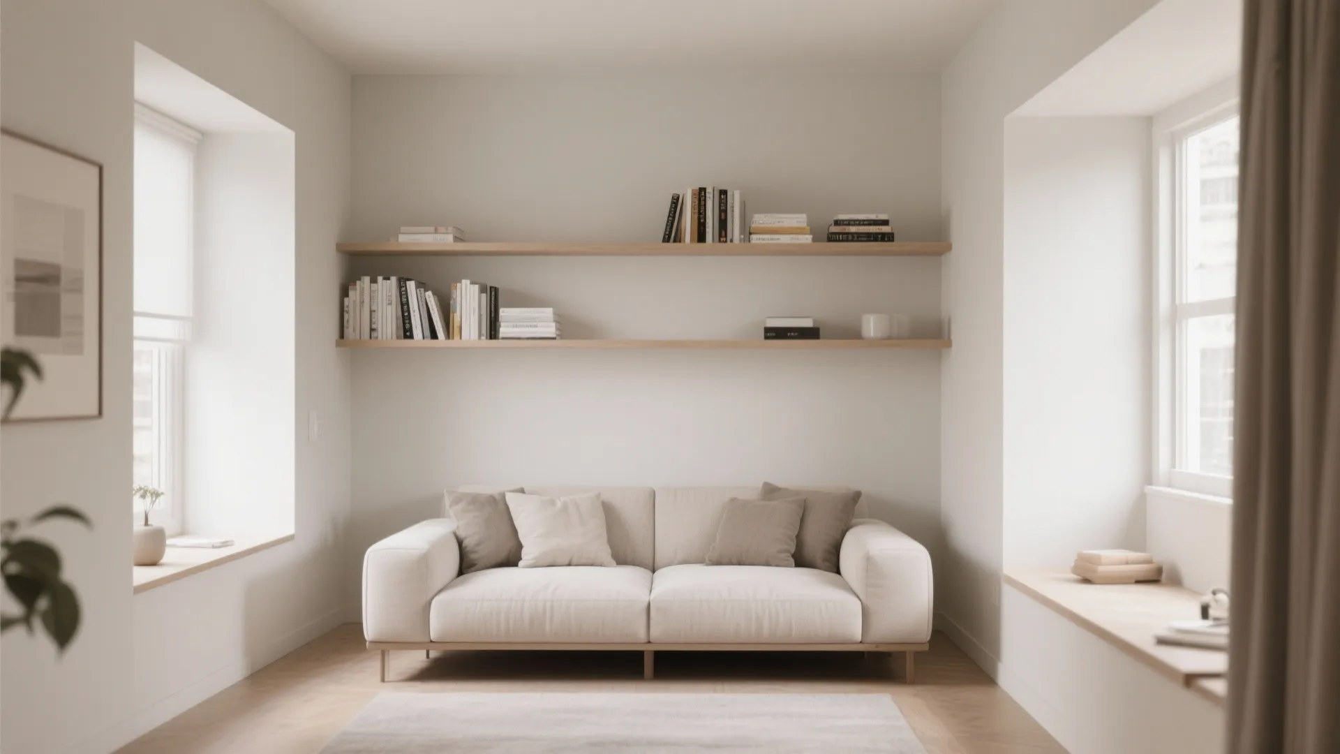 Minimalist living room with white sofa wooden wall shelves books windows and clean beige walls