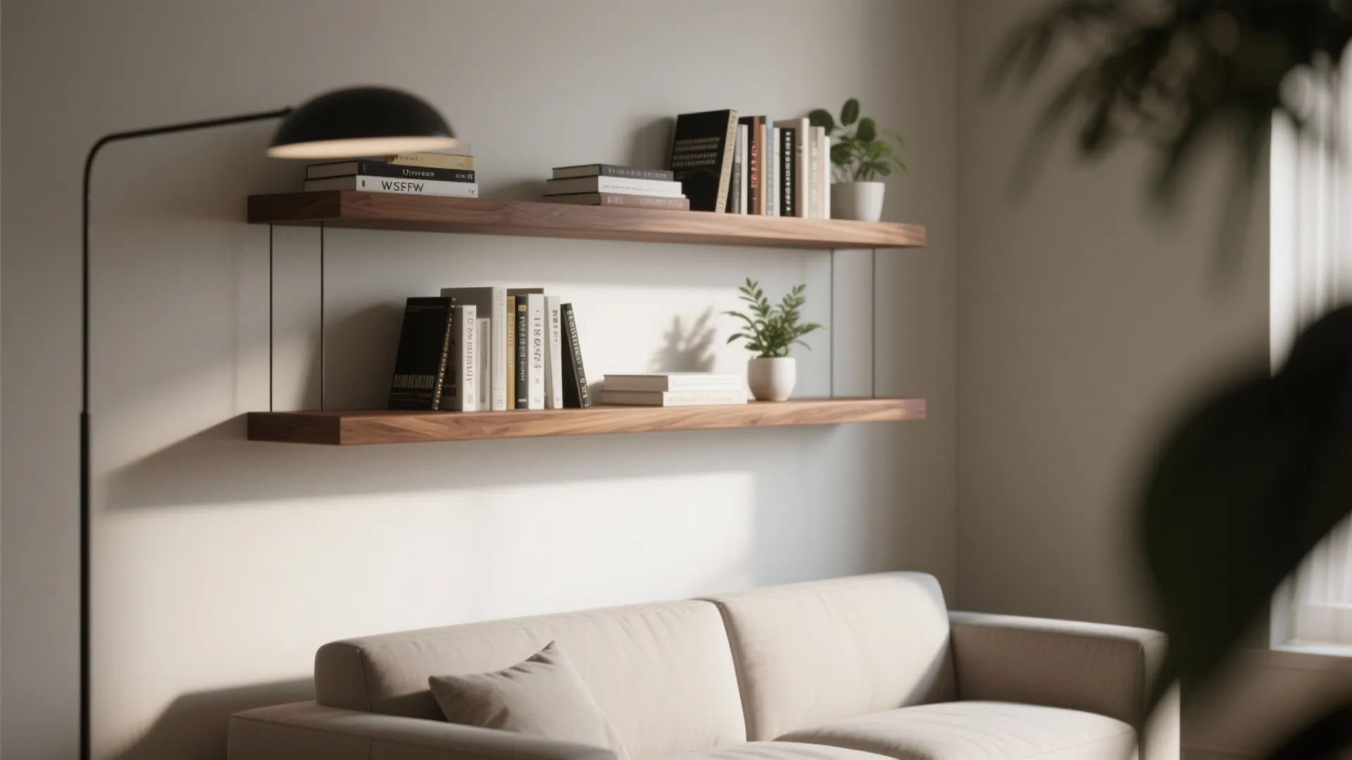 Two wooden floating shelves holding books and small plants above a beige sofa with black lamp