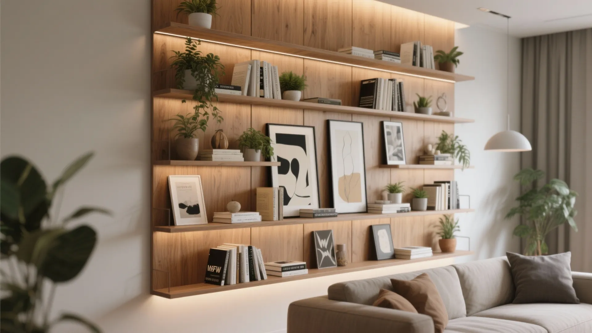 Wooden wall shelves with books plants and art frames lit by lights above grey sofa
