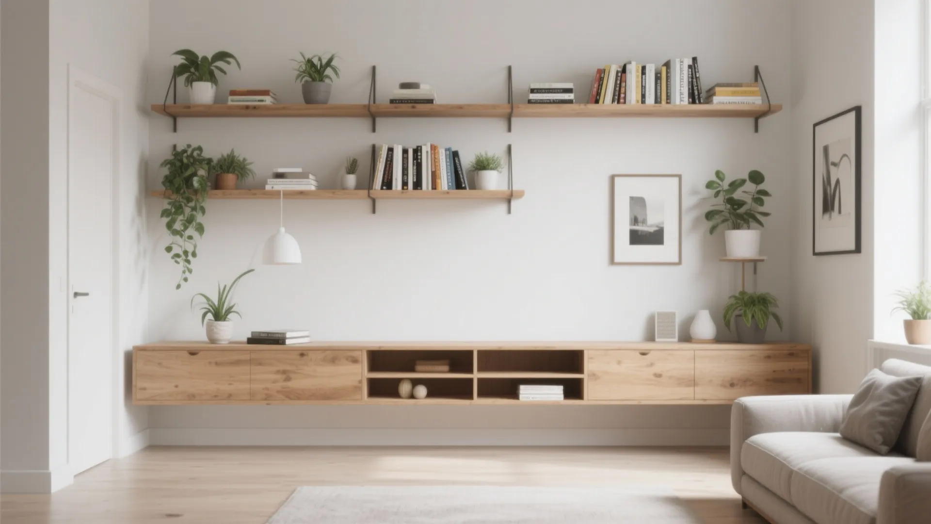 Floating wooden shelves with plants and books above long wooden cabinet in bright minimalist room
