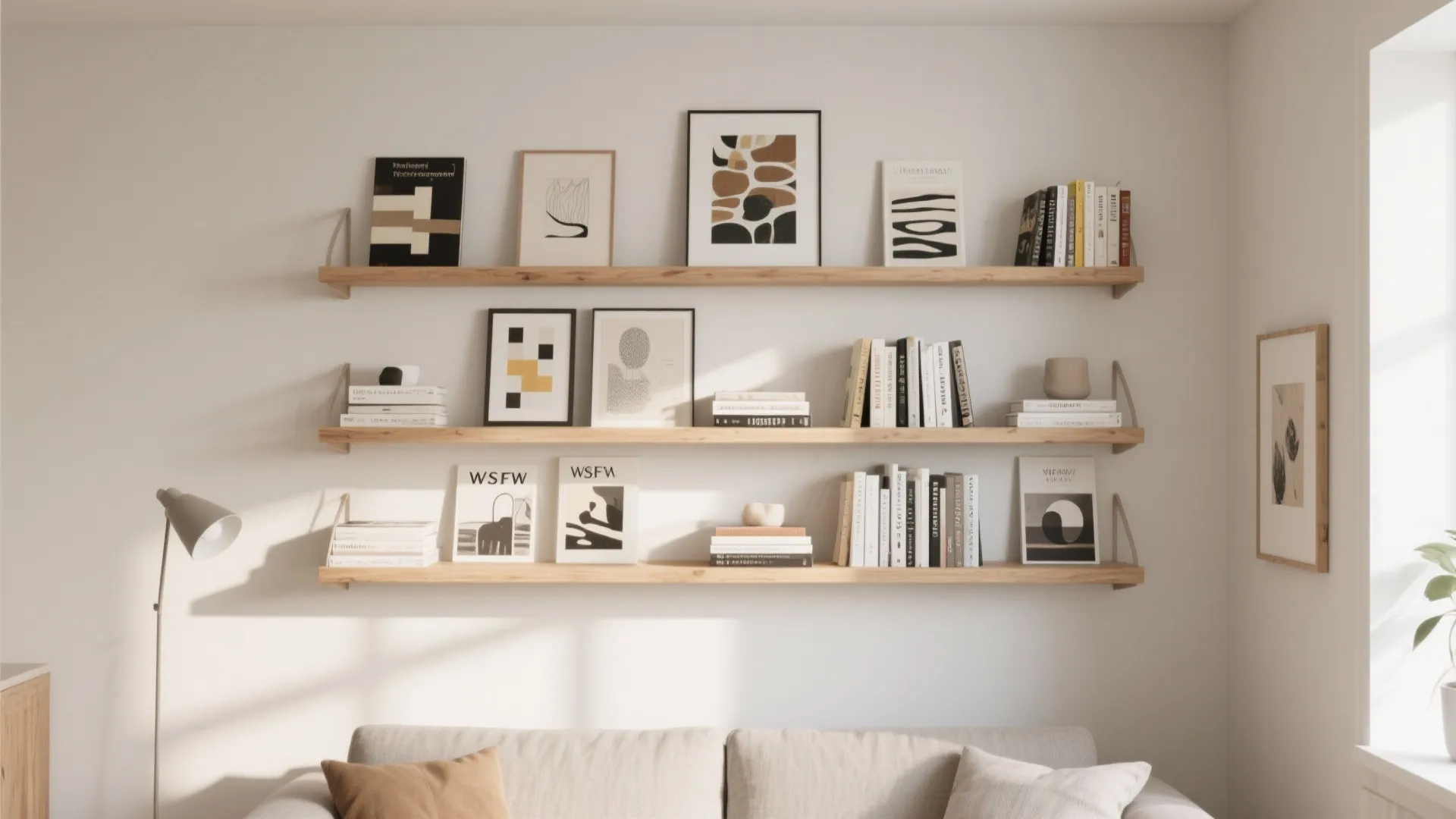 Three long wooden wall shelves holding books and framed art above a soft beige sofa