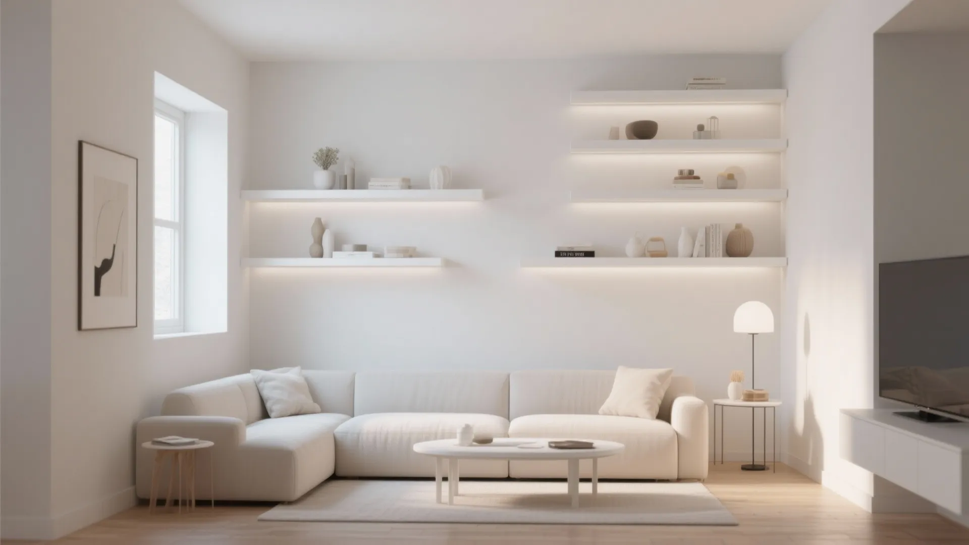 Minimalist white living room with l-shaped sofa floating wall shelves with lights and coffee table