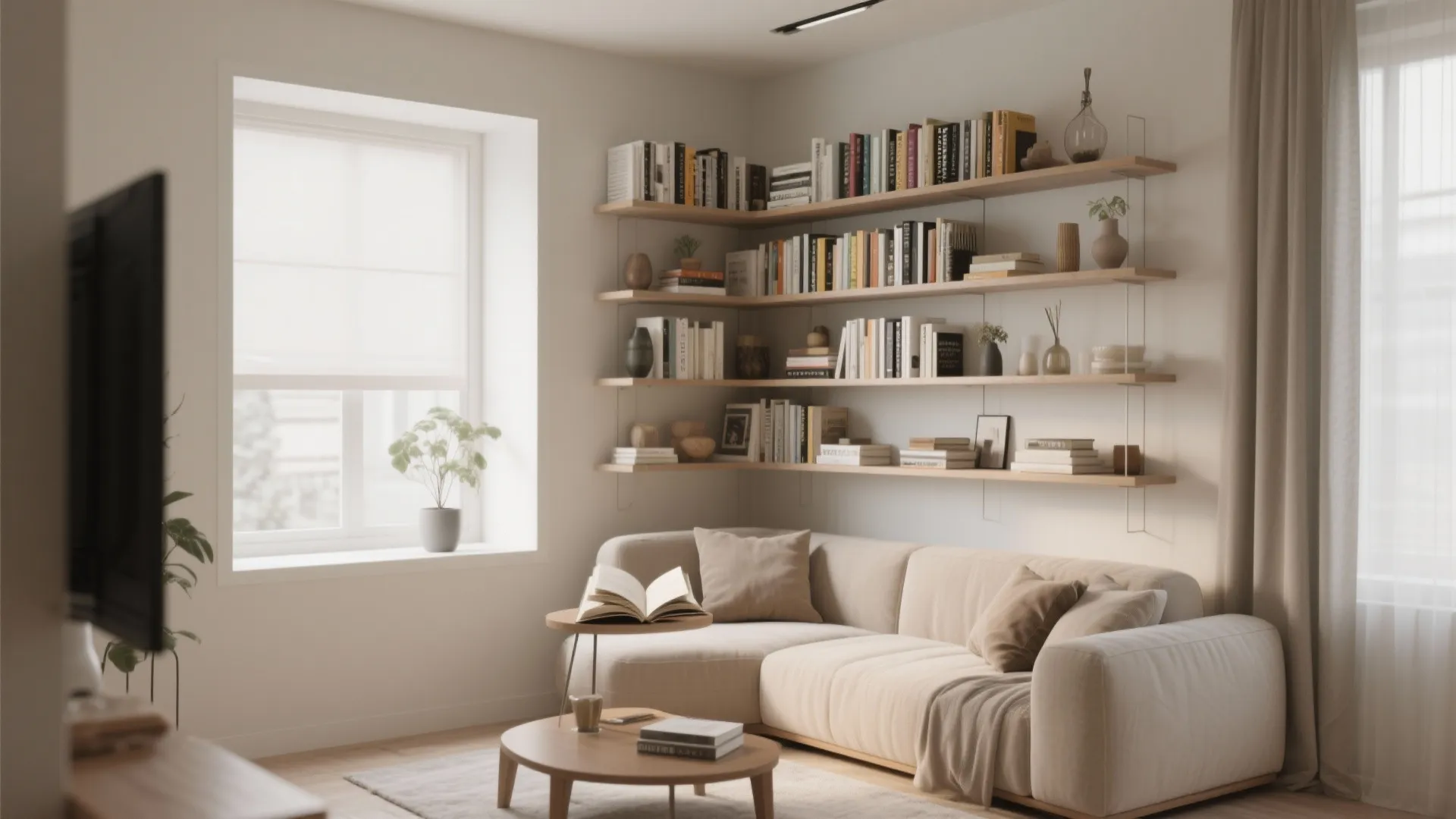 Cosy living room corner featuring wooden wall shelves filled with books beige sofa and round table