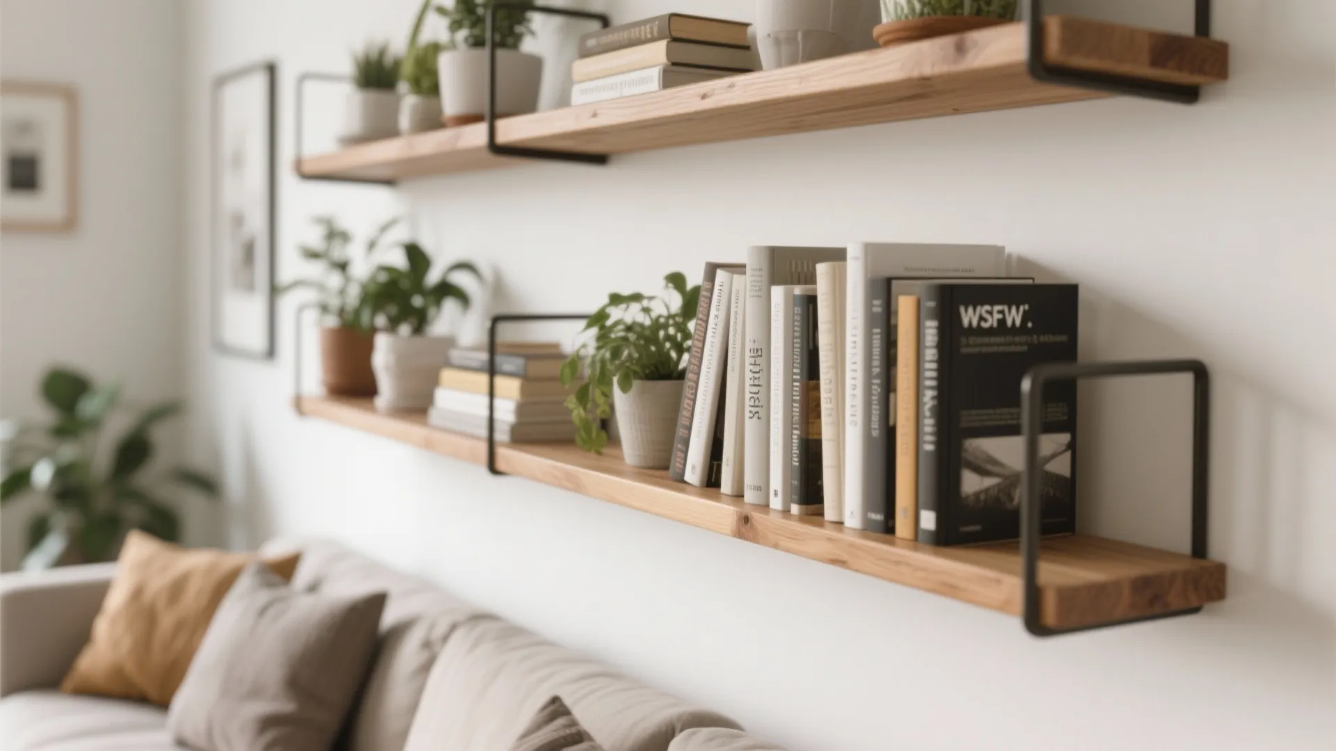 Wooden wall shelves holding books and green plants decorated above a sofa in the room