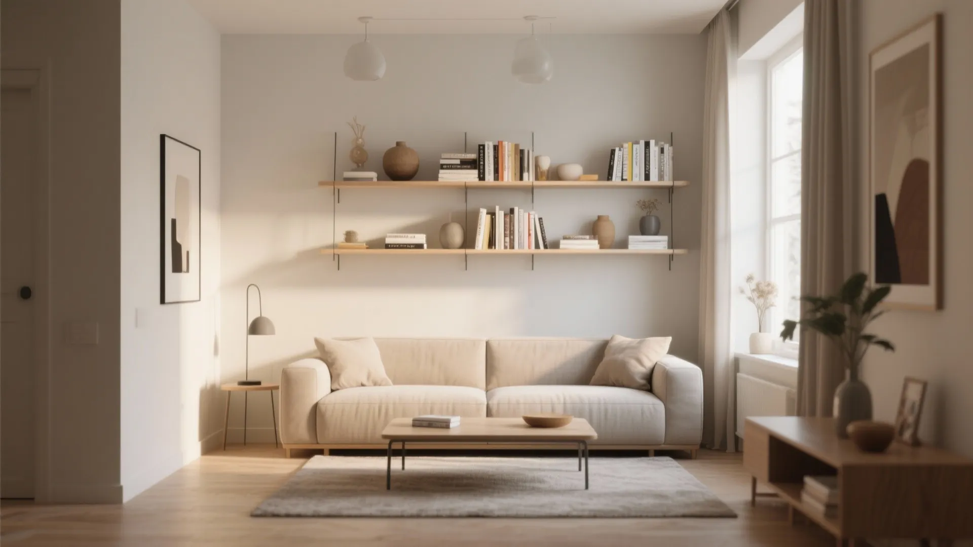 Modern living room featuring wall shelves above a beige sofa with wooden coffee table and rug