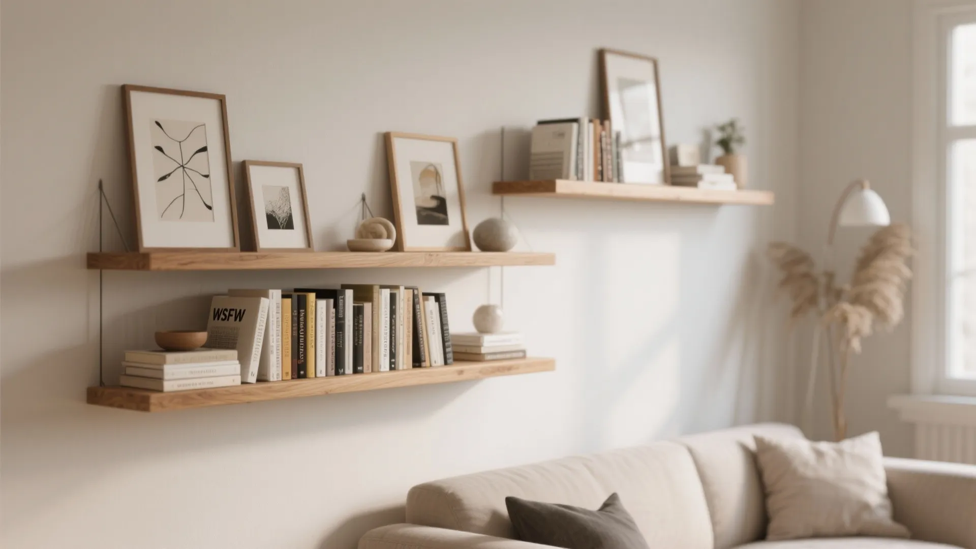 Wooden floating wall shelves with framed pictures and books above a light colored fabric sofa