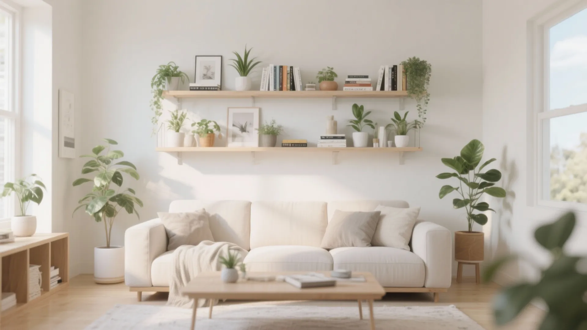 9. Floating Shelves Over Bulky Bookcases