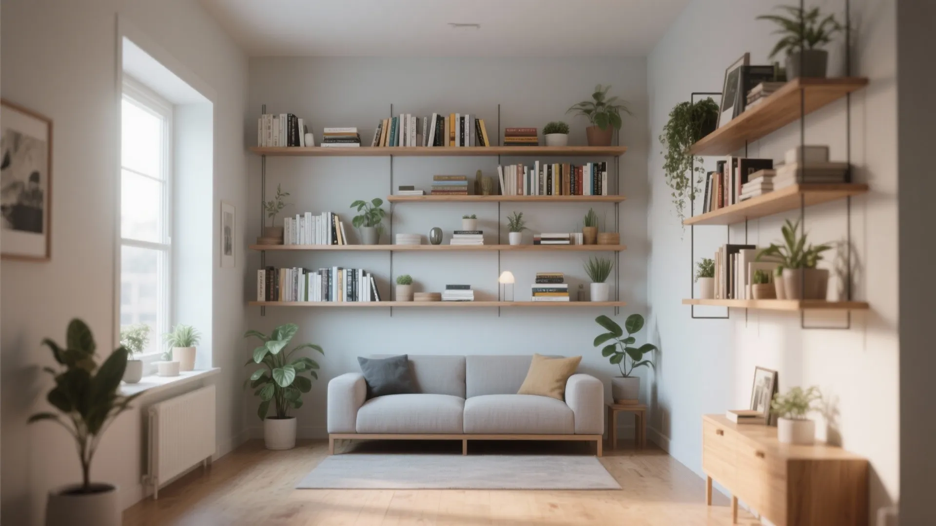 Modern living room with wooden wall shelves holding books and green plants above a sofa