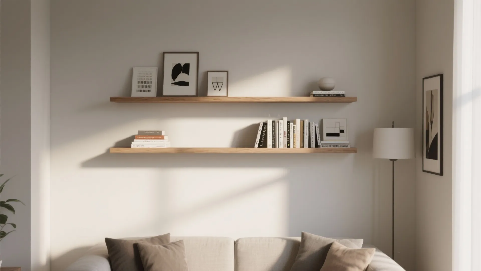 Two wooden wall shelves with books and framed art above a beige sofa with cushions