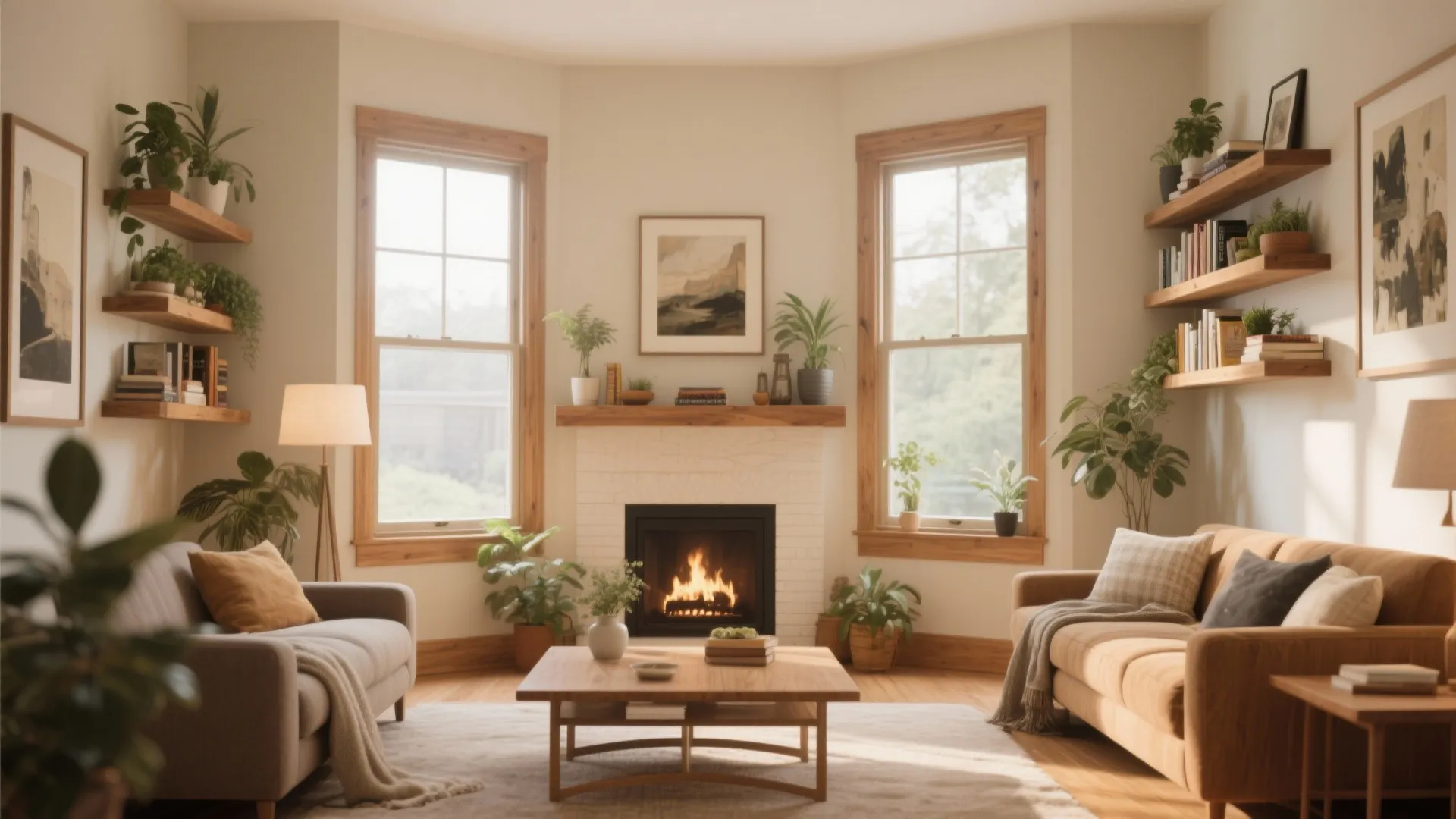 Living room with wooden wall shelves green plants white fireplace brown sofas and large glass windows