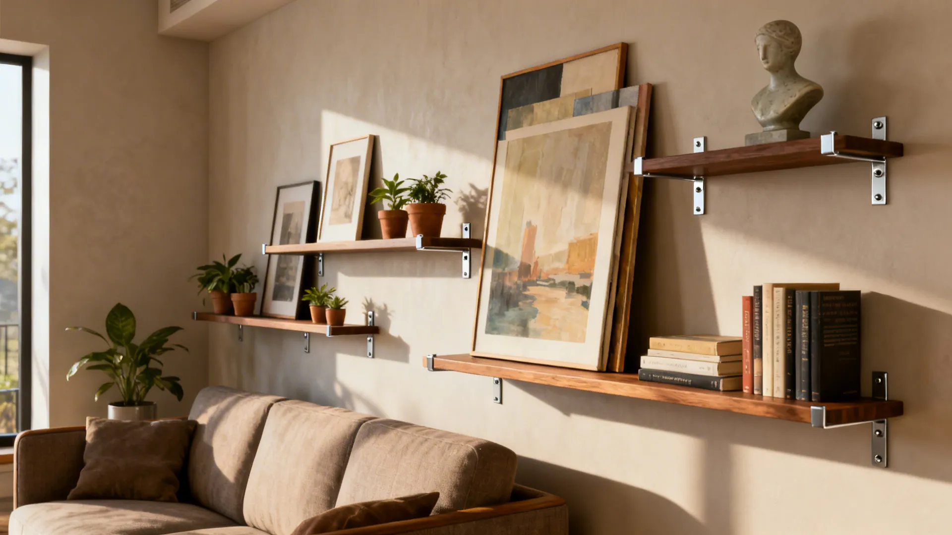 Floating shelves in a small living room layered with art, plants, and decor to maximize display and storage.
