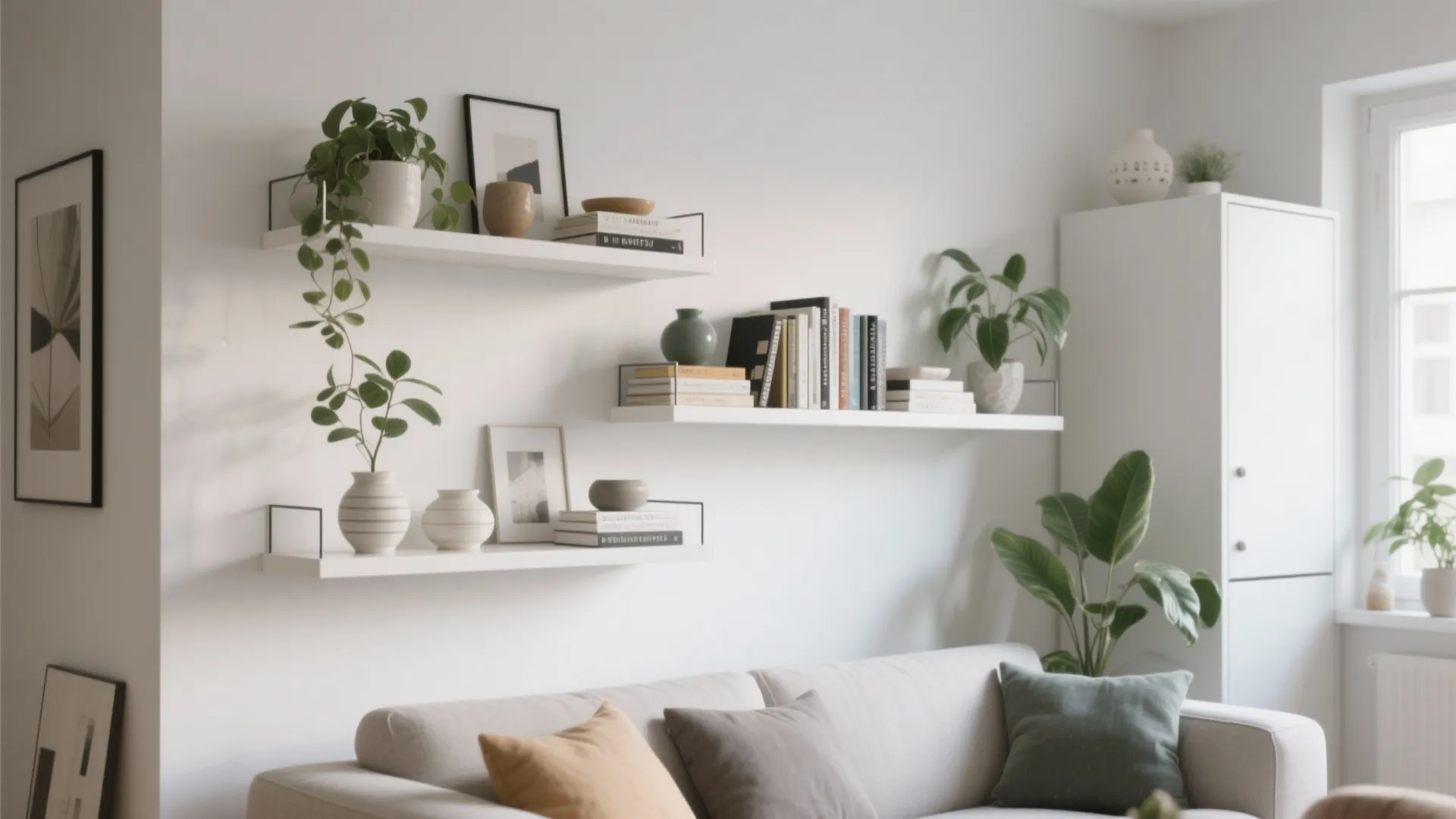 Three white floating shelves with books plants and vases on a wall above a sofa