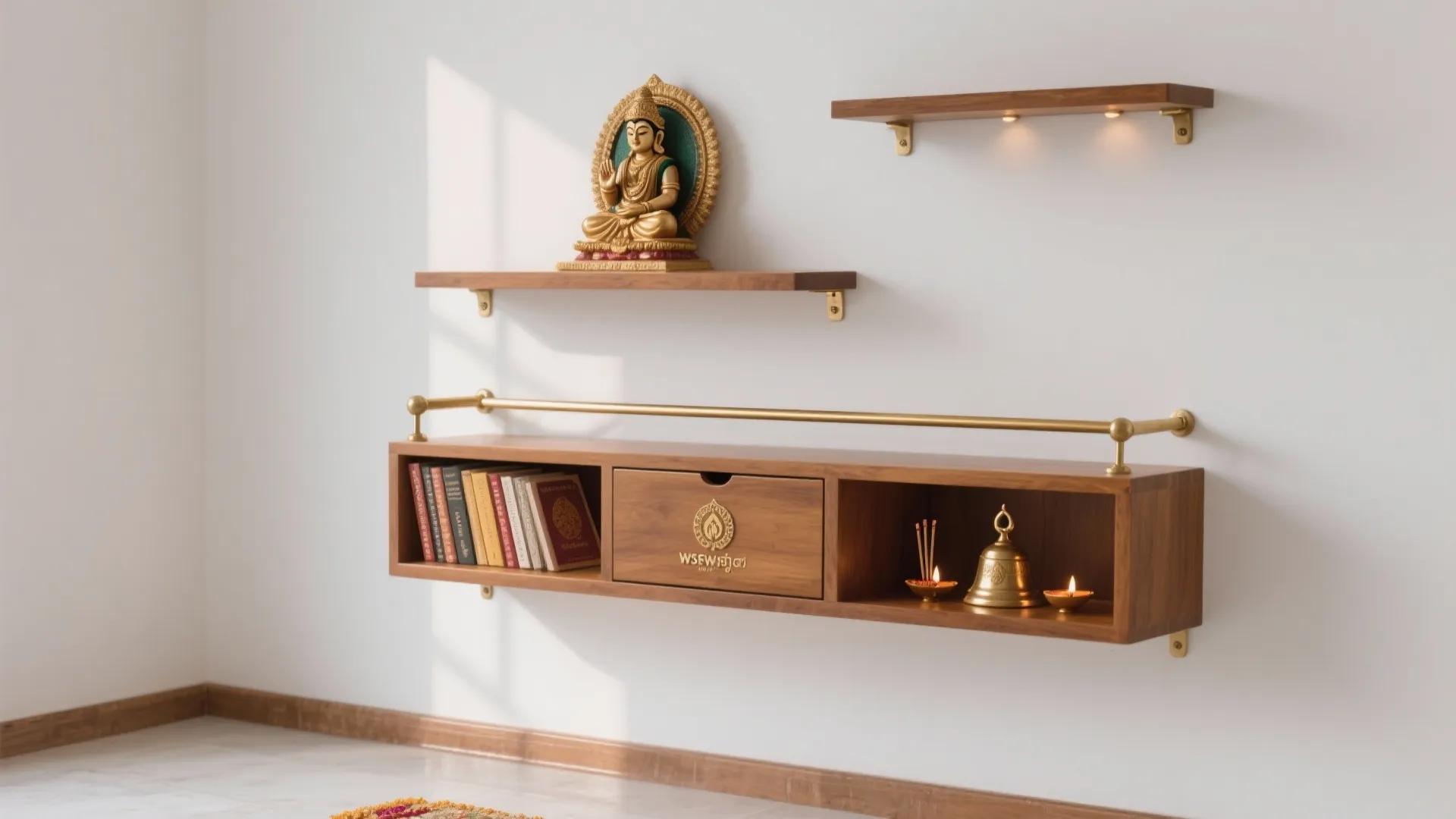 Wooden floating wall shelves displaying a golden statue, books, and candles in a bright room