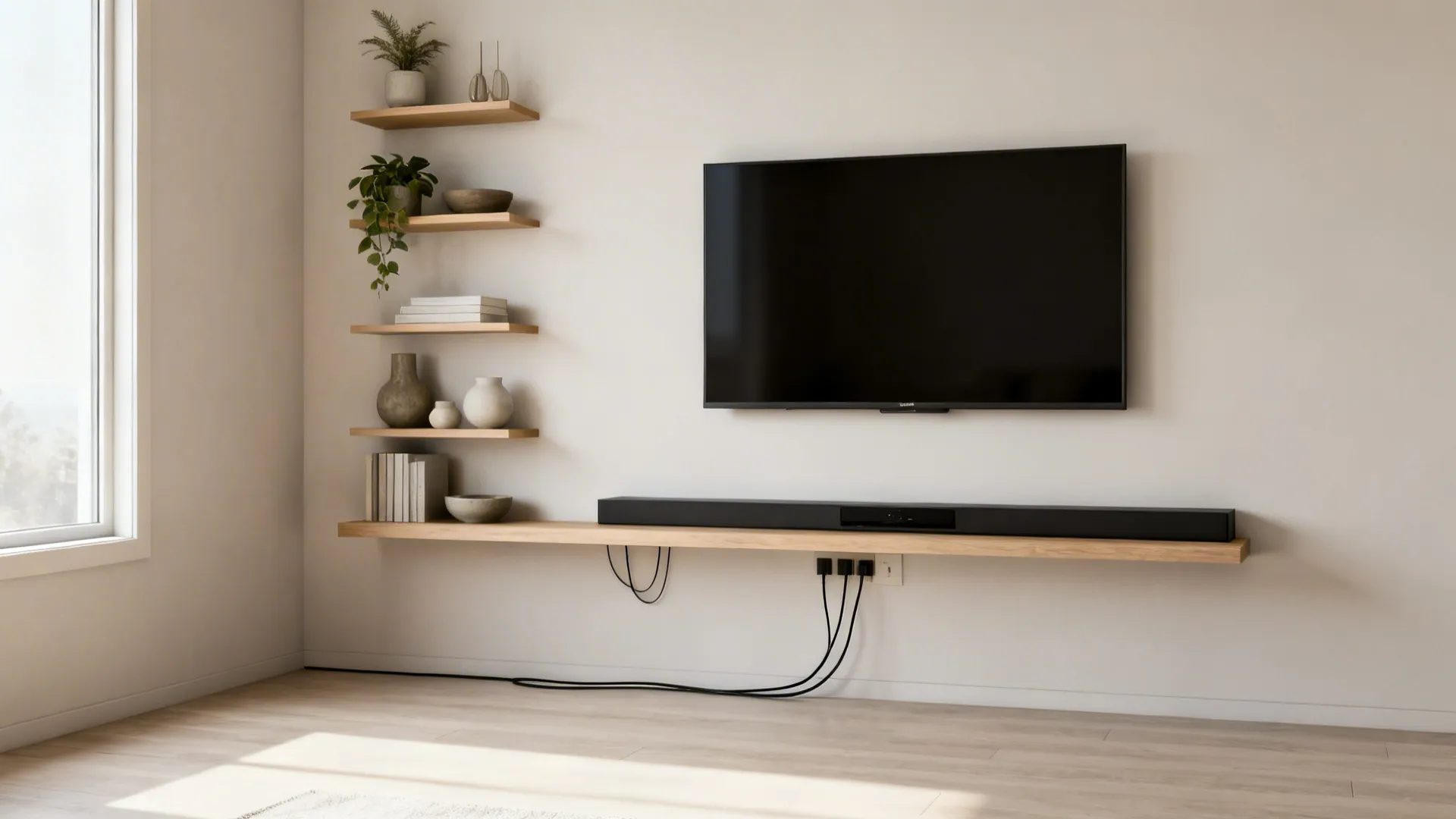 Floating shelves and slim wall-mounted media unit in a small living room