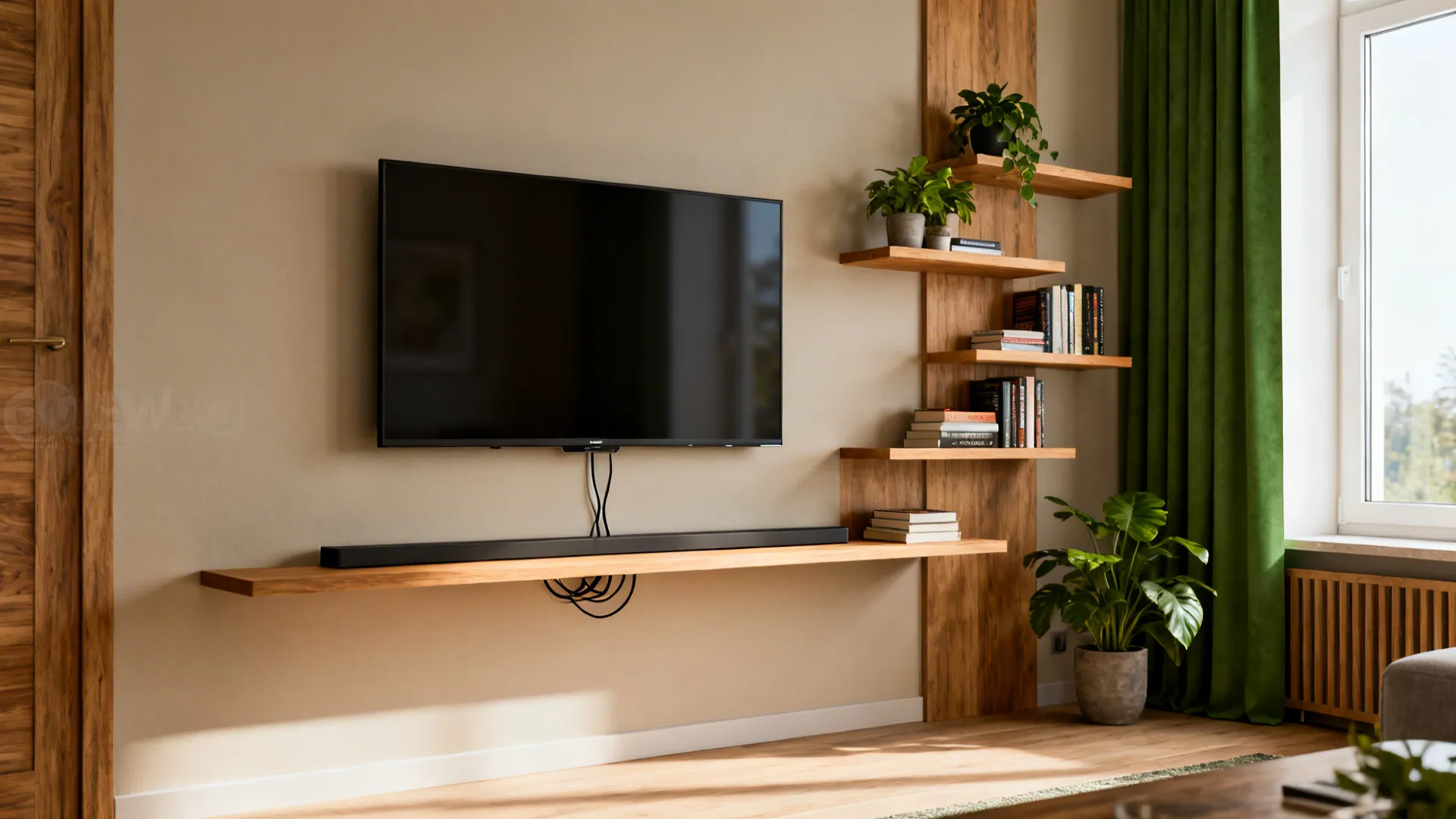 Floating media unit and wall-mounted shelves in a small living room creating open sightlines