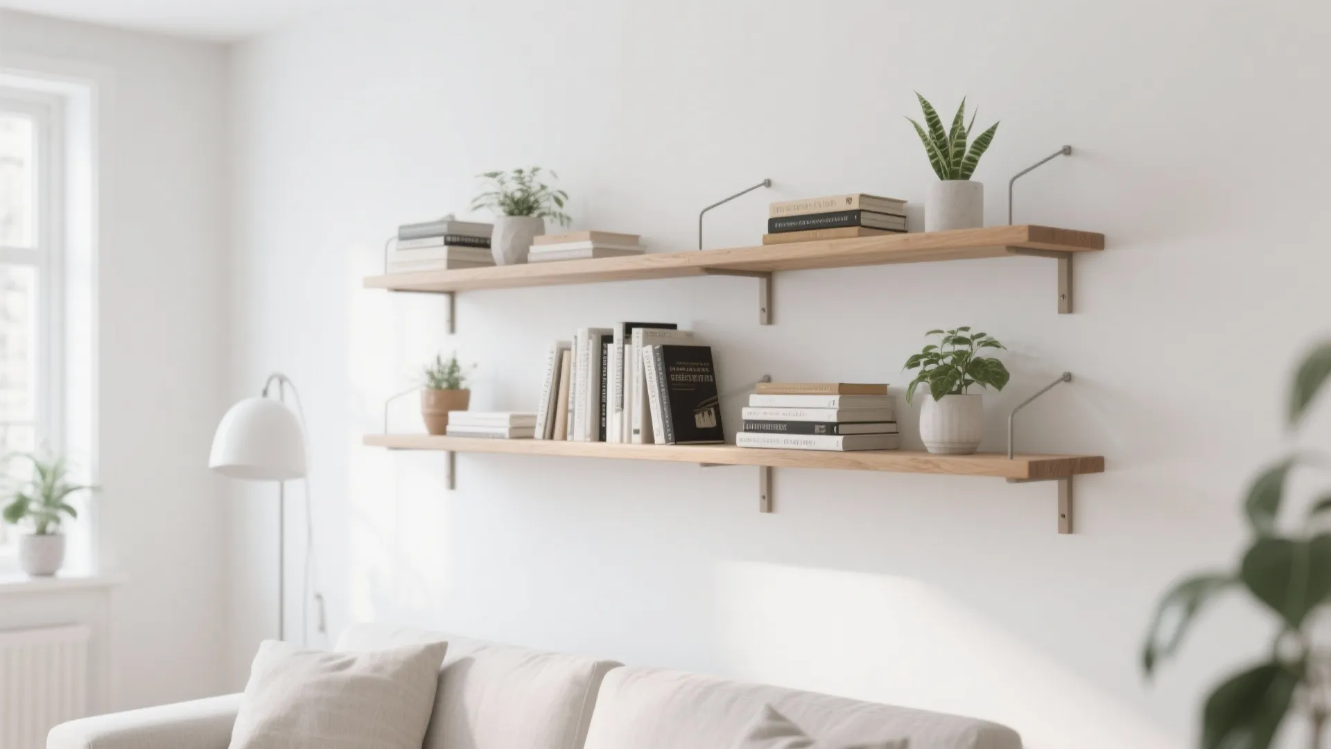 Minimalist wooden floating shelves on a white wall with books small plants and a sofa
