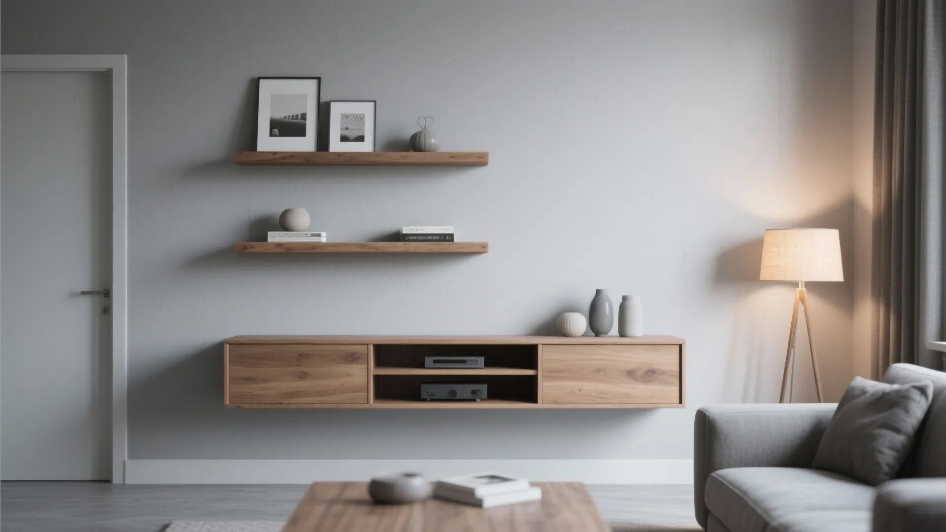 5. Minimal Grey Palette with Floating Wood Shelves