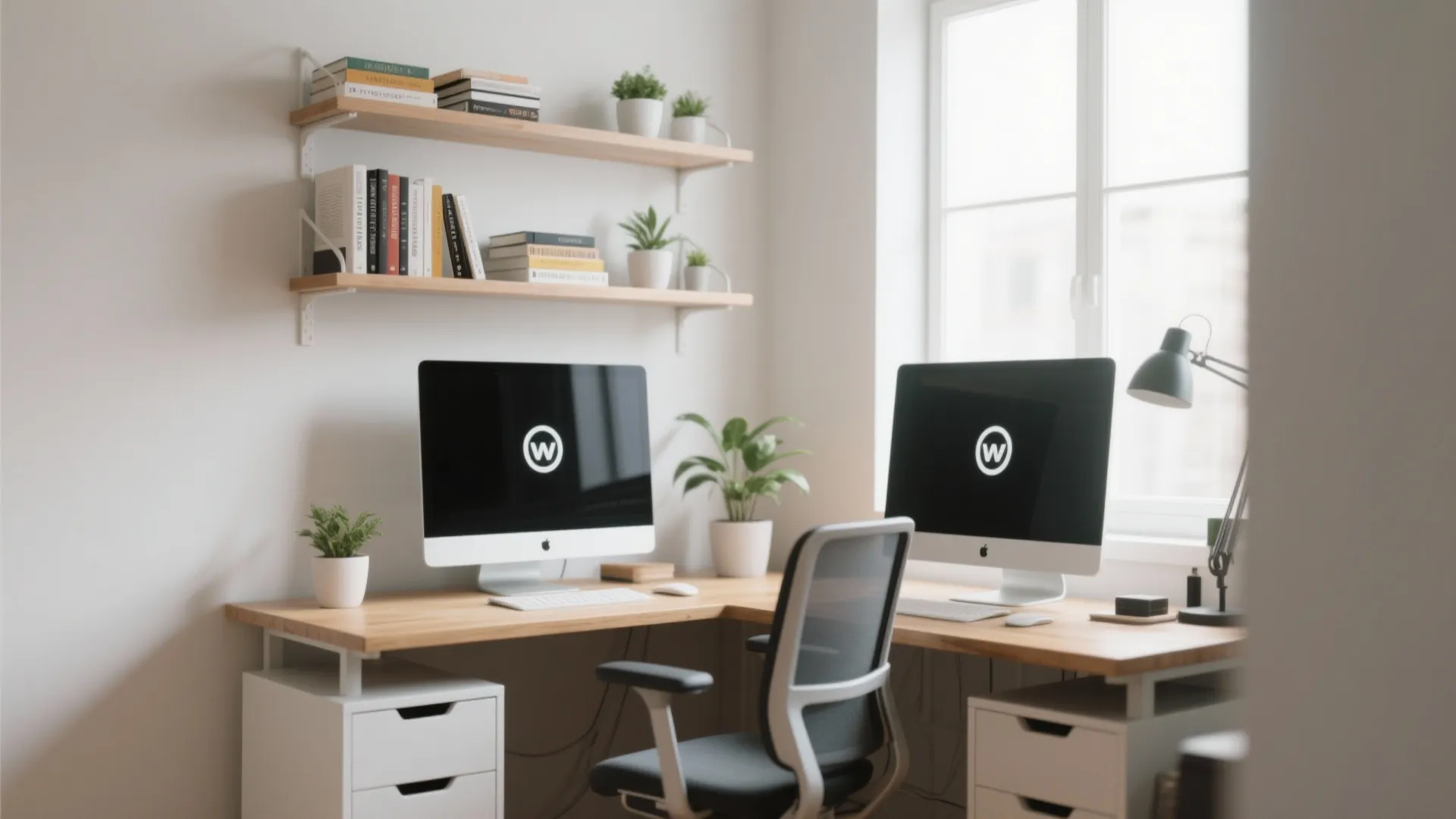 Home office setup with two computer monitors on wooden desk and wall shelves with books