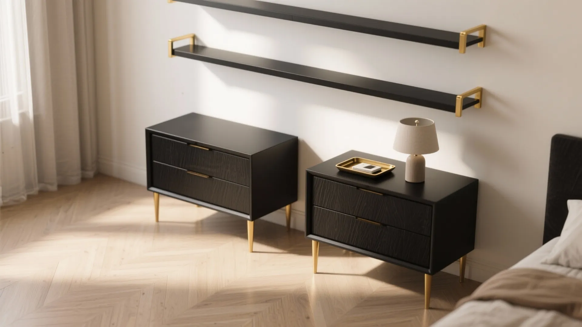 3. Gold-framed nightstands and floating shelves