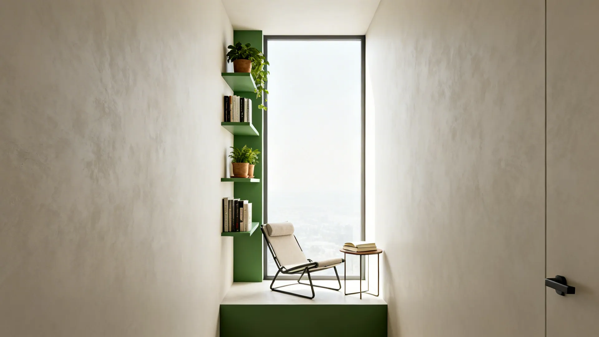 Narrow reading nook with green wall shelves holding plants books modern chair and small table