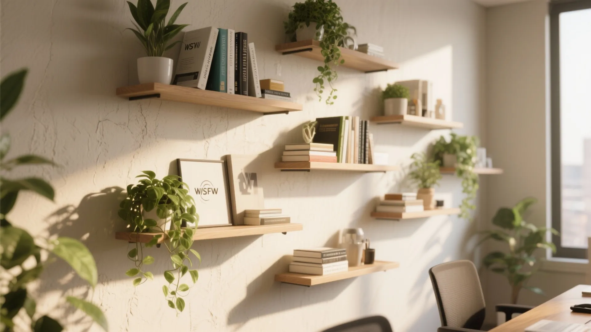 Minimalist wooden wall shelves holding books and green plants in a sunlit modern home office