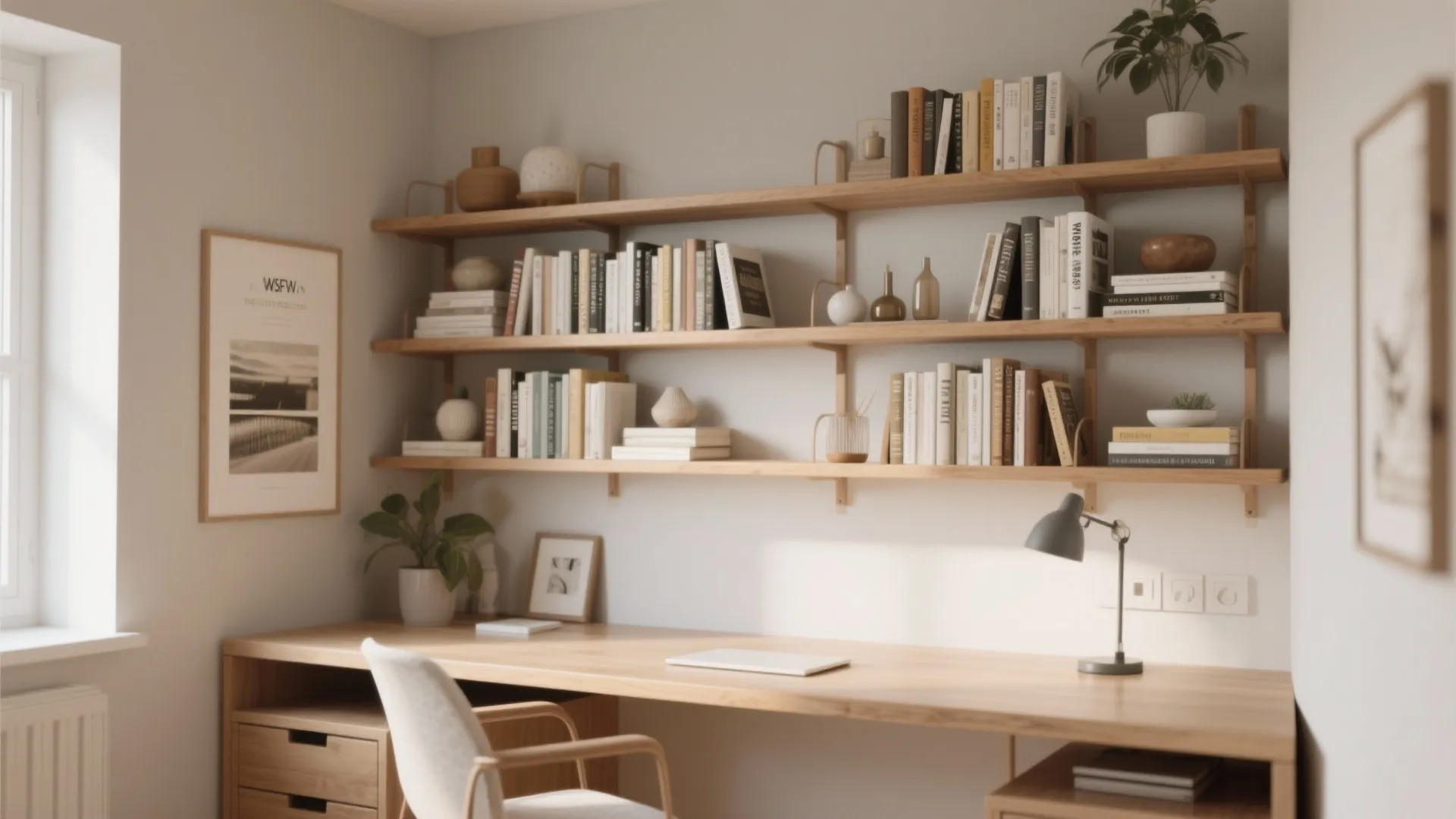 Bright home office with long wooden desk white chair many books on shelves and plants