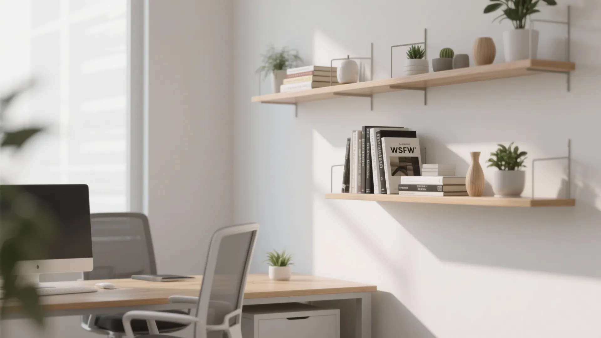 Modern home office featuring wooden desk white chair and two wall shelves with books plants