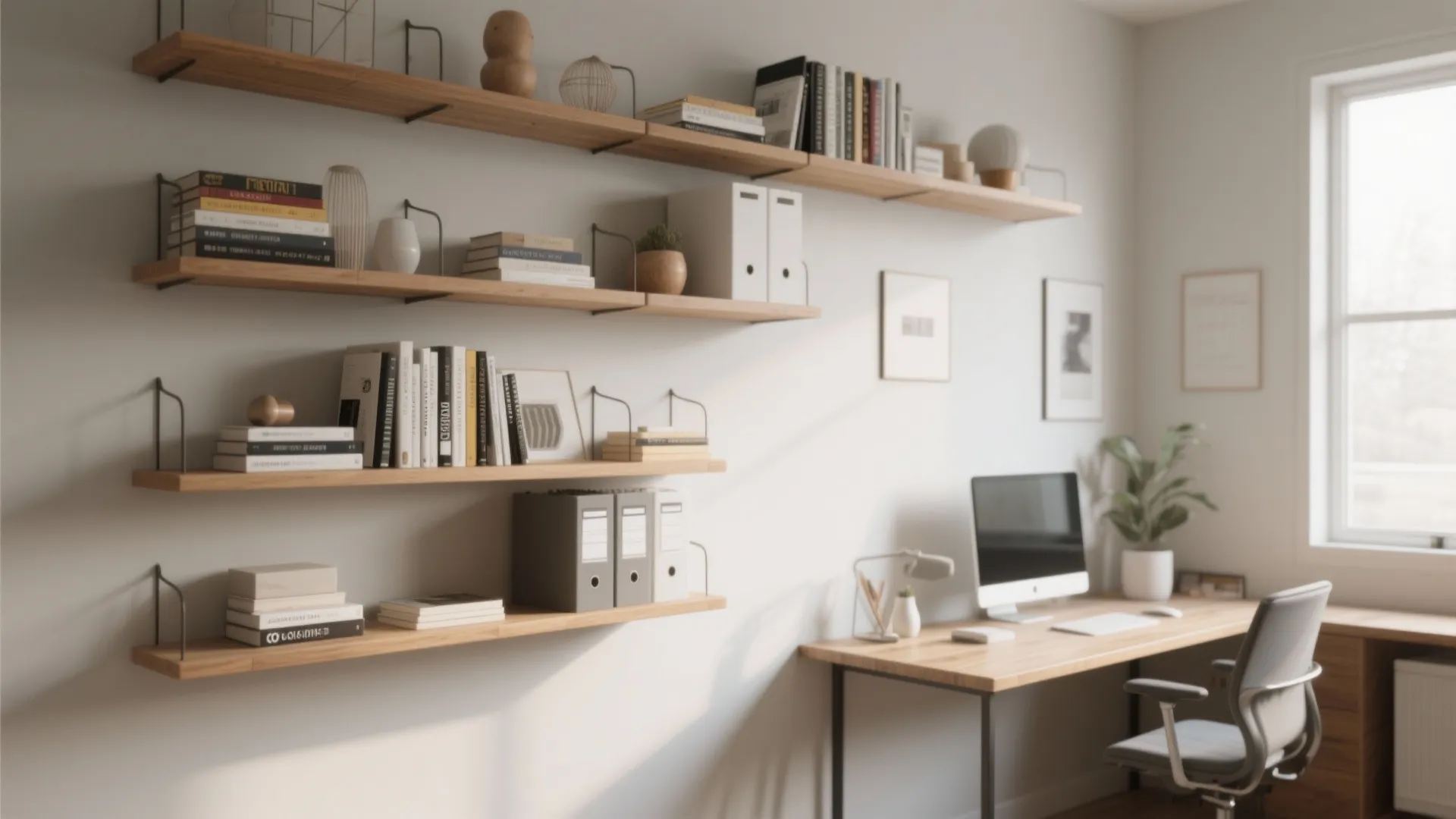 Home office with wooden wall shelves holding books and files above a simple computer desk