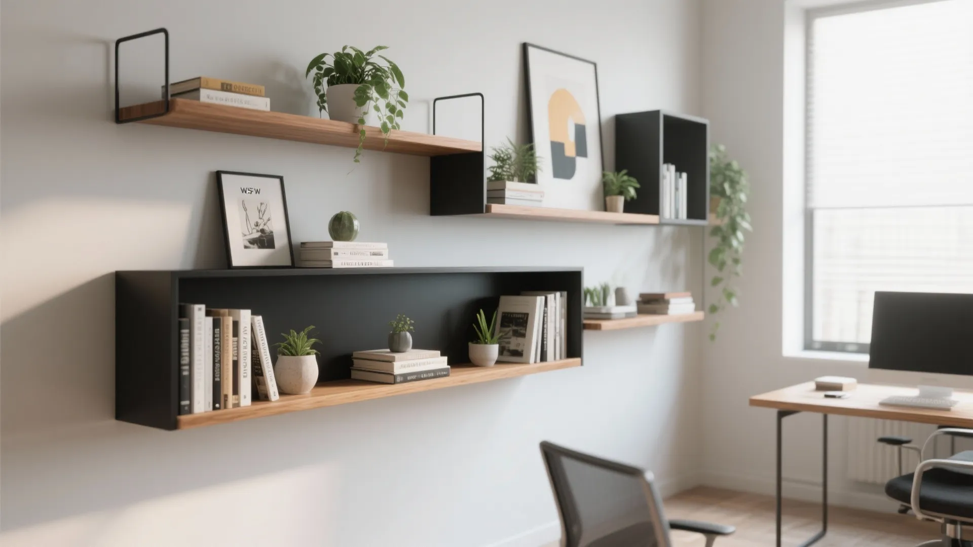 Modern home office wall with black and wood floating shelves holding books plants and framed art